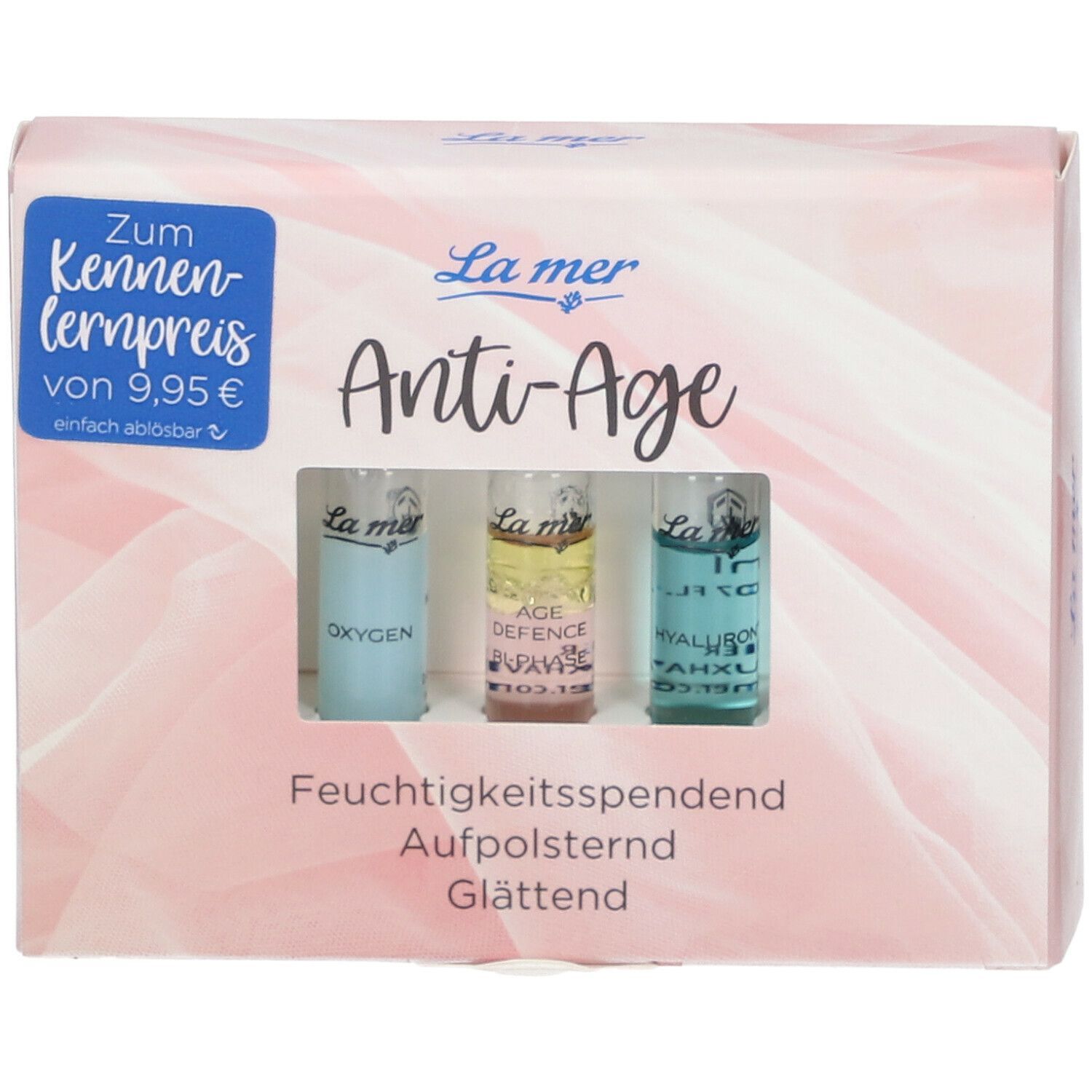 Produktverpackung mit drei Ampullen. Text: La mer Anti-Age, Feuchtigkeitsspendend, Aufpolsternd, Glättend. Zum Kennenlernpreis.