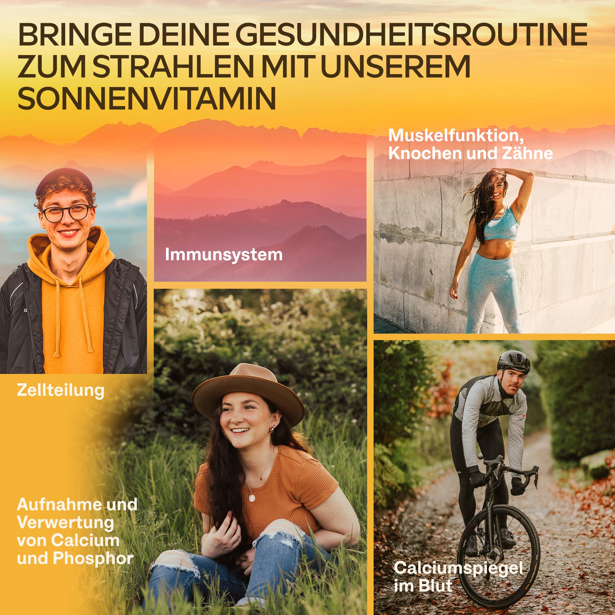 Menschen in verschiedenen Aktivitäten. Text: Immunsystem, Zellteilung, Calciumspiegel, Muskelfunktion.