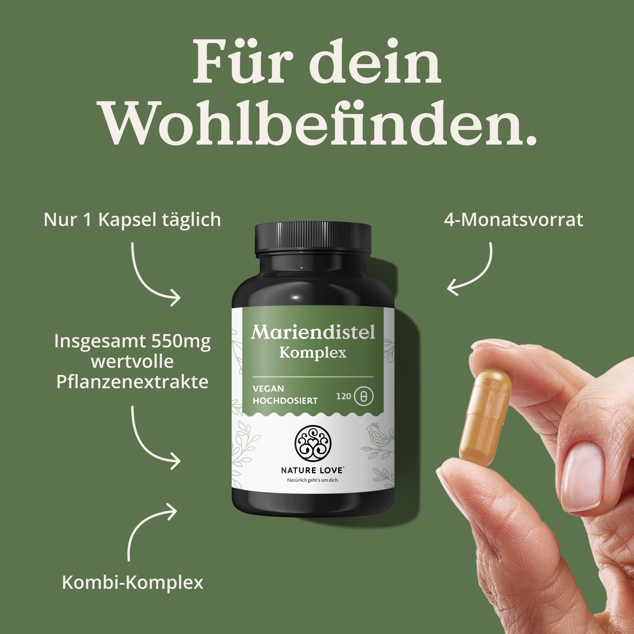 Hand hält eine Kapsel neben einer Flasche 'Mariendistel Komplex' von Nature Love. 1 Kapsel täglich, 4-Monatsvorrat, Kombi-Komplex.