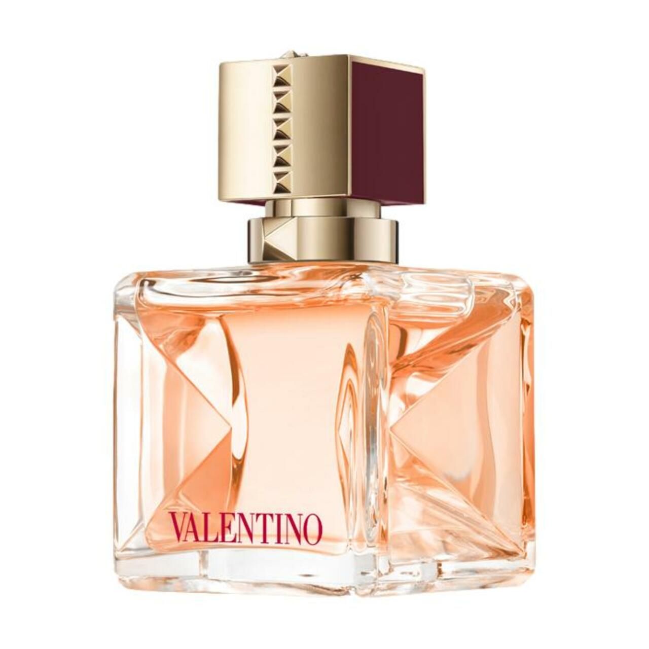 Quadratischer Parfümflakon mit goldenem Verschluss. Aufschrift: VALENTINO. Flüssigkeit bernsteinfarben.