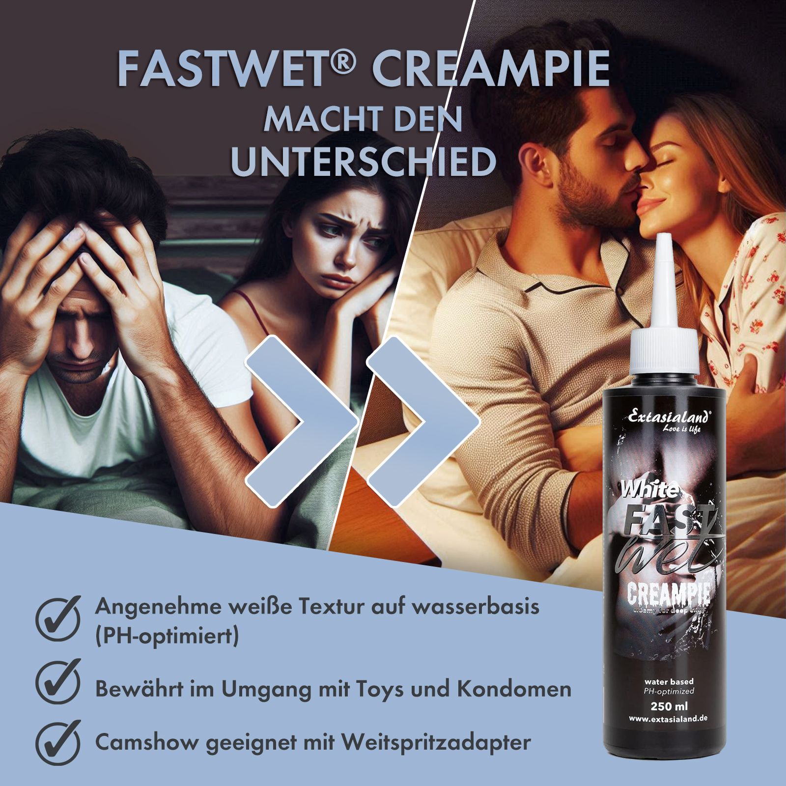 Schwarze Flasche mit weißem Deckel. Aufschrift: Fastwet Creampie. Text: Angenehme weiße Textur auf Wasserbasis. 250 ml.