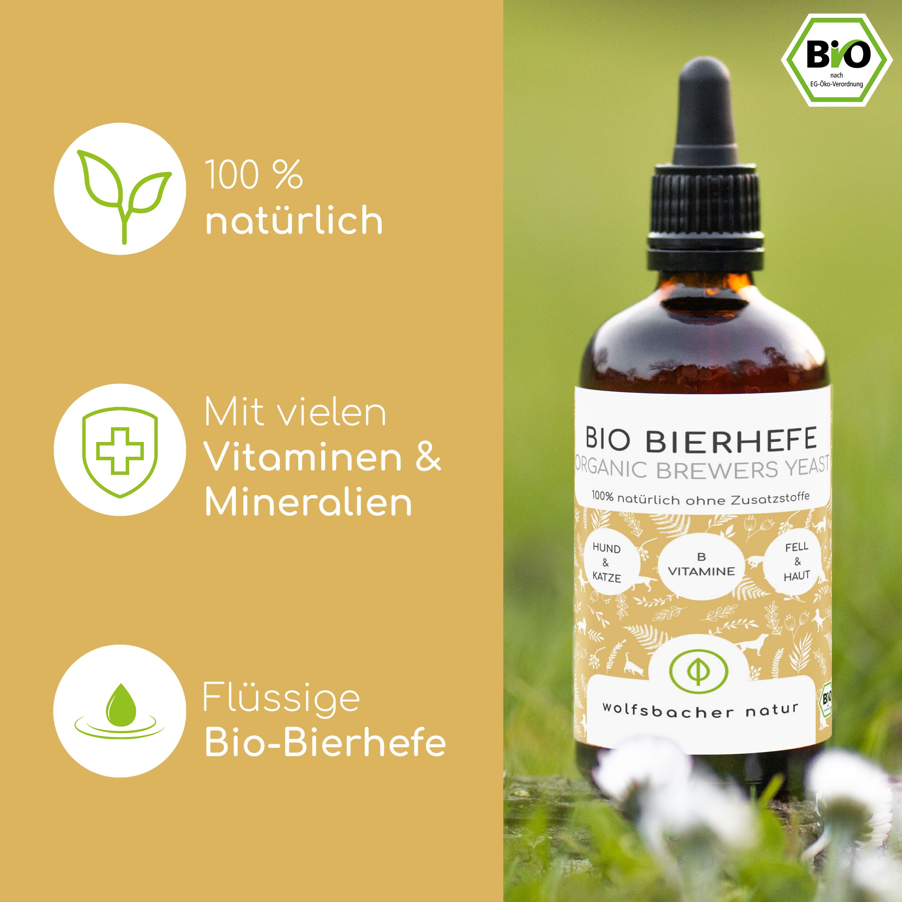 Braune Flasche BIO Bierhefe mit Pipette. Aufschrift BIO, 100% natürlich, Vitamine & Mineralien. Bio-Siegel.
