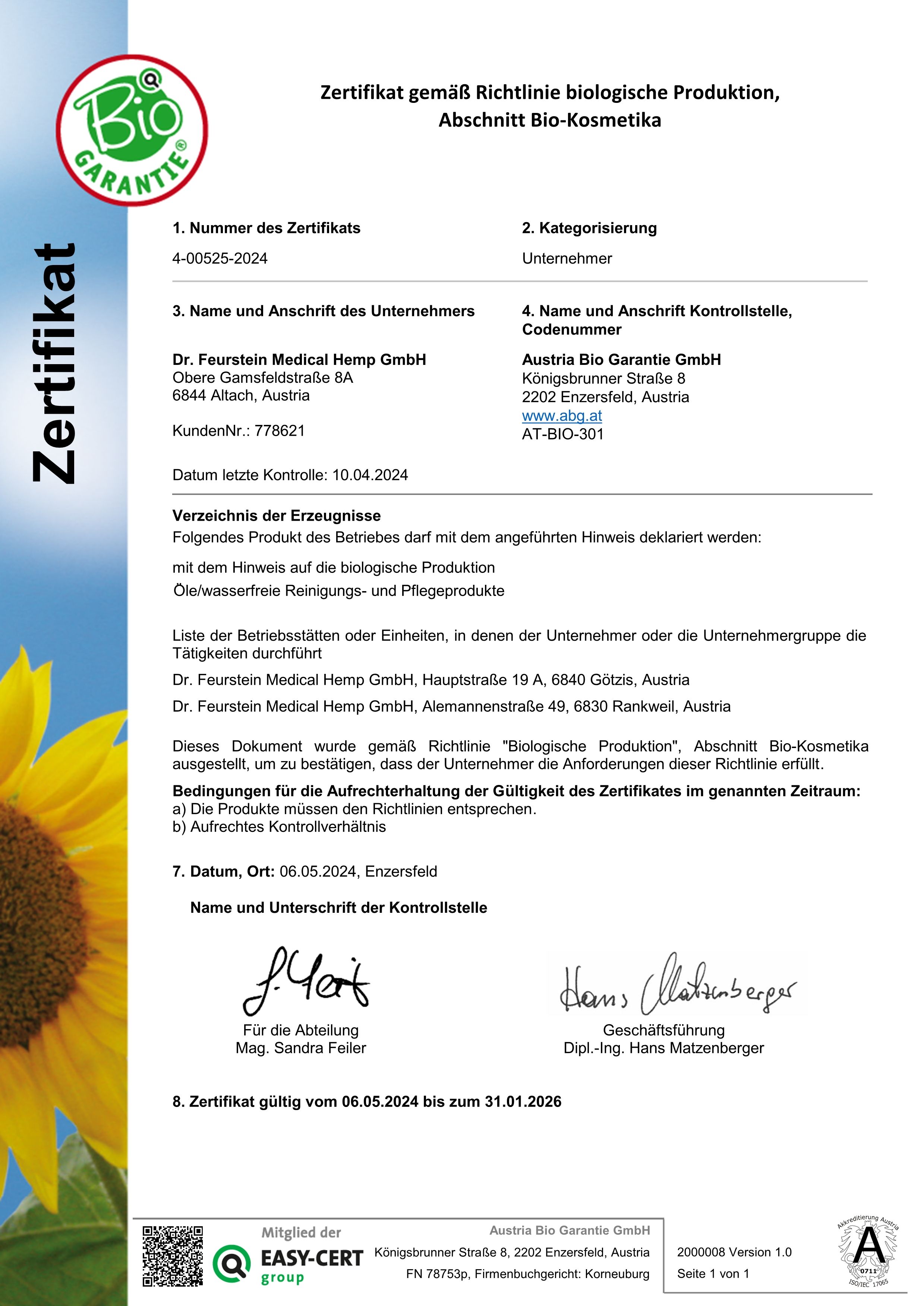Zertifikat Bio-Kosmetik. Text in Deutsch. Logo: Bio-Garantie. Details zu Hersteller, Kontrollstelle und Zertifizierungsnummer.