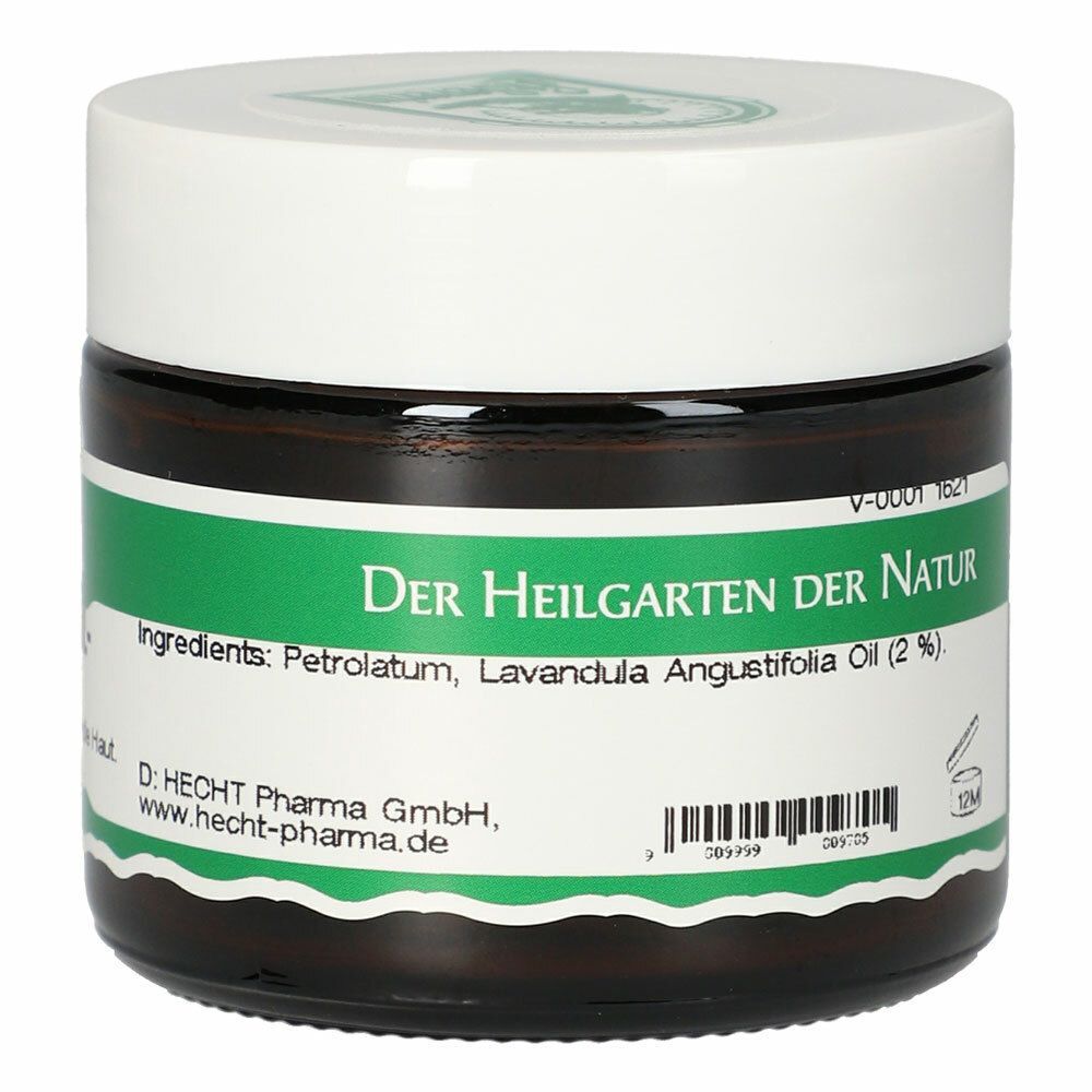 Braune Glasdose mit weißem Deckel. Grün-weiße Banderole mit Text. Aufschrift: Der Heilgarten der Natur. Inhaltsstoffe: Petrolatum, Lavandula Angustifolia Oil (2%).