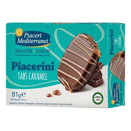 Confezione di Piacerini Tabs Caramel. Scritta: Senza Glutine, Gluten Free. 81g. Immagine di cioccolato e caramello.