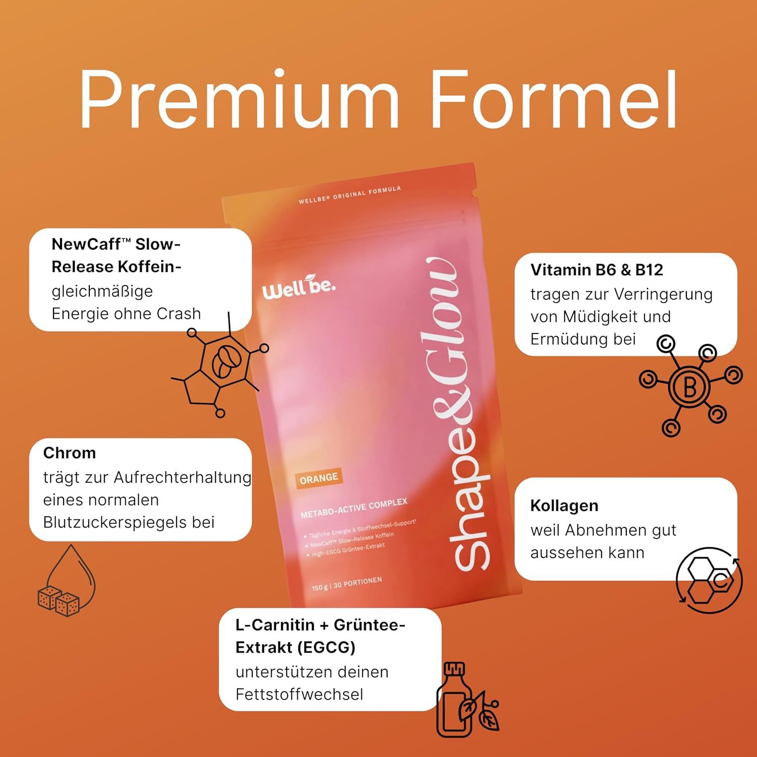 wellbe Shape & Glow™ Drink mit NewCaff™ Slow-Release Koffein, L-Carnitin, Grüntee-Extrakt, Kollagen