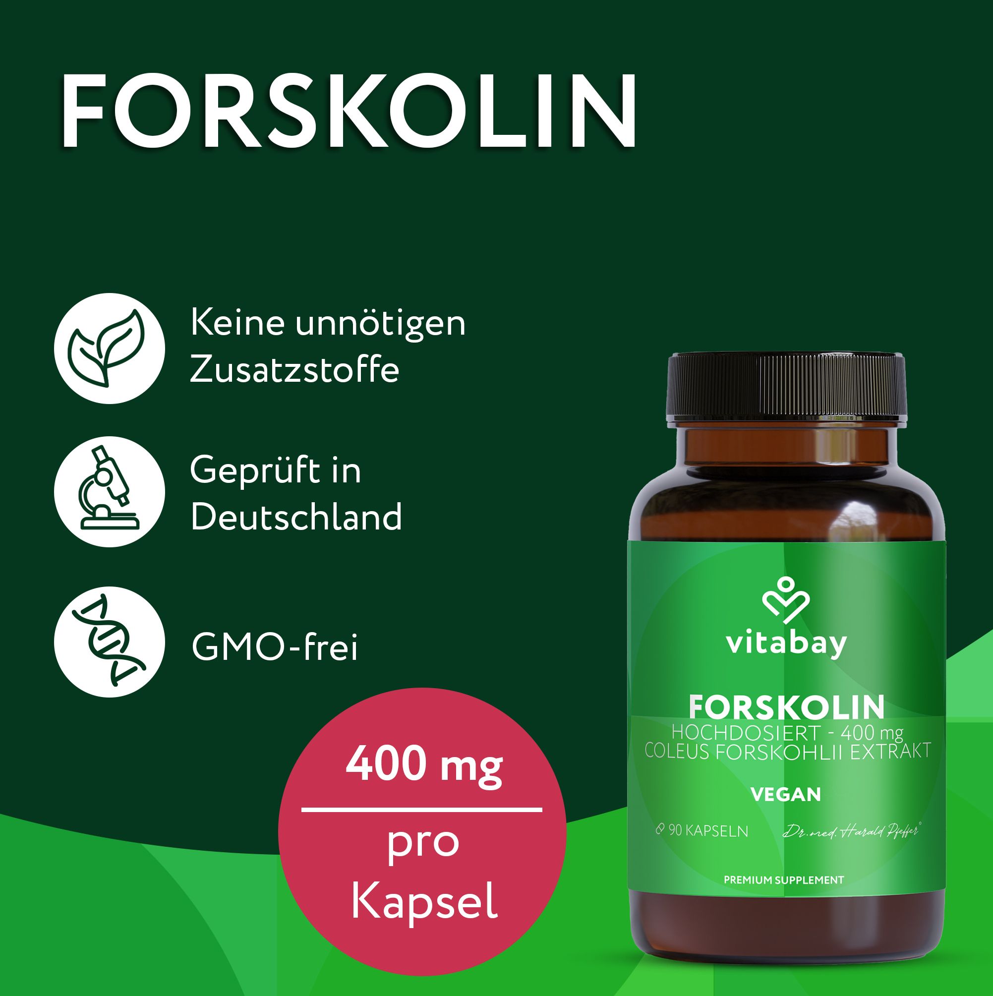 Flasche mit Vitabay Forskolin Kapseln, 400 mg pro Kapsel, vegan, GMO-frei, geprüft in Deutschland.
