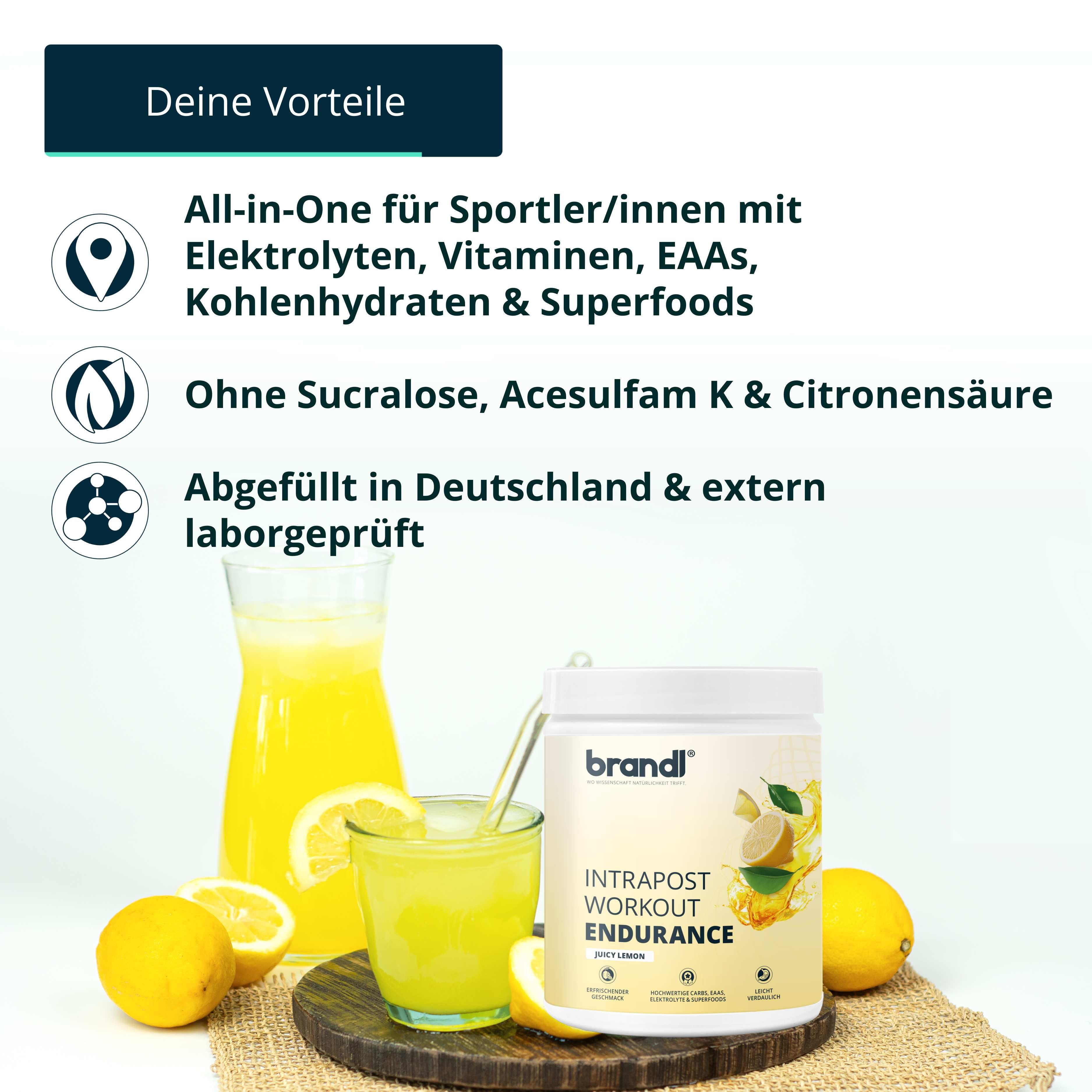 Produkt-Illustration mit Glas, Krug, Zitronen und Dose brandl® Intrapost Workout Endurance. Text: All-in-One für Sportler, ohne Sucralose.