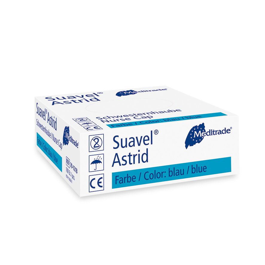 Meditrade Suavel Astrid Schwesternhaube, blau. Kartonverpackung mit Produktinformationen und CE-Kennzeichnung.