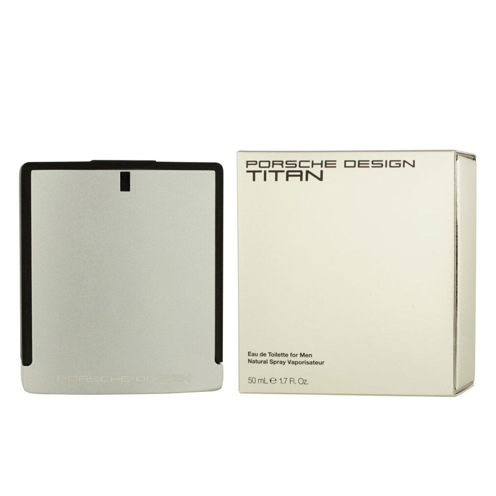 Flakon und Verpackung. Silberner Flakon, schwarzer Rahmen. Verpackung mit Logo und Produktbezeichnung.