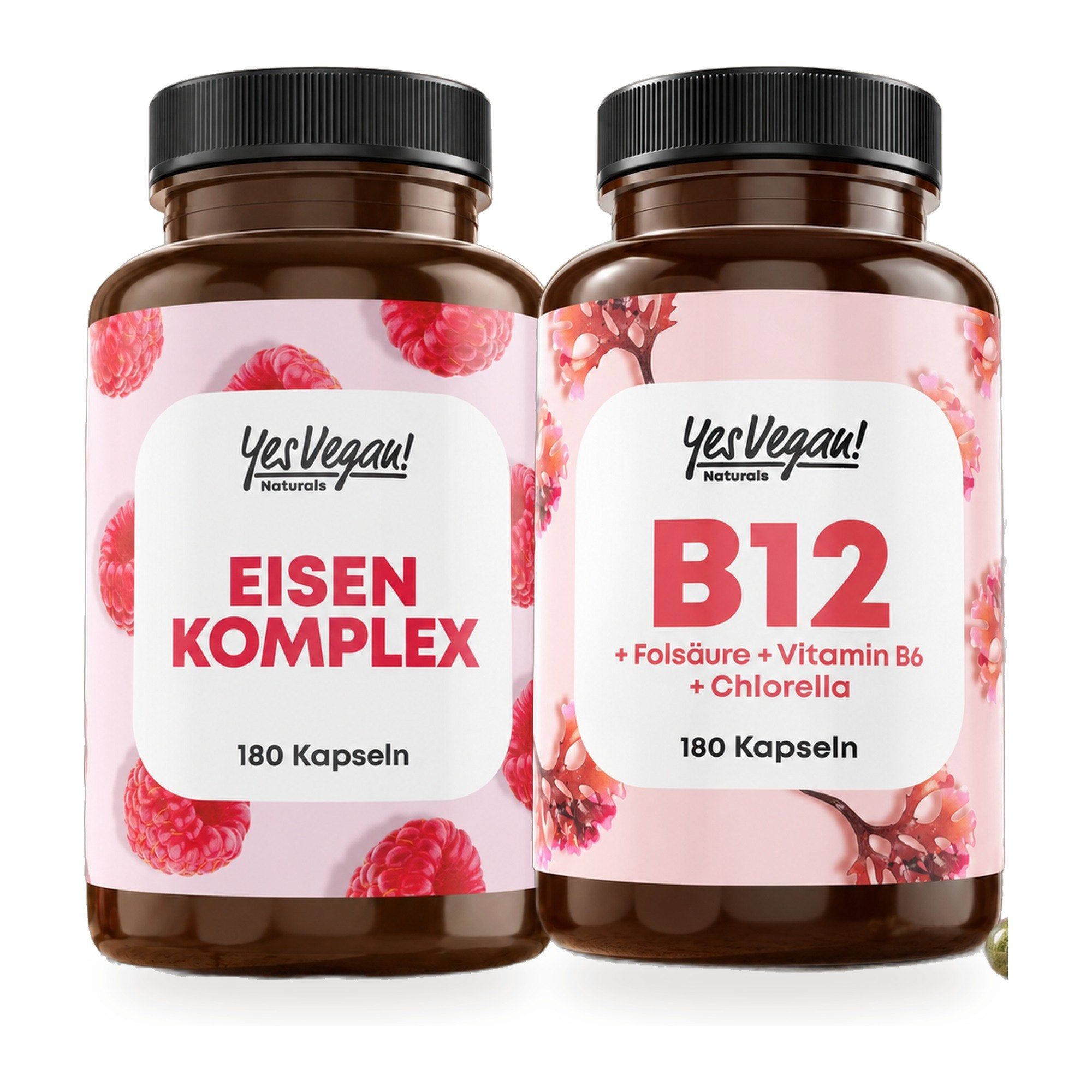Zwei Flaschen YesVegan! Nahrungsergänzungsmittel: Eisen Komplex und Vitamin B12 Komplex, jeweils 180 Kapseln.