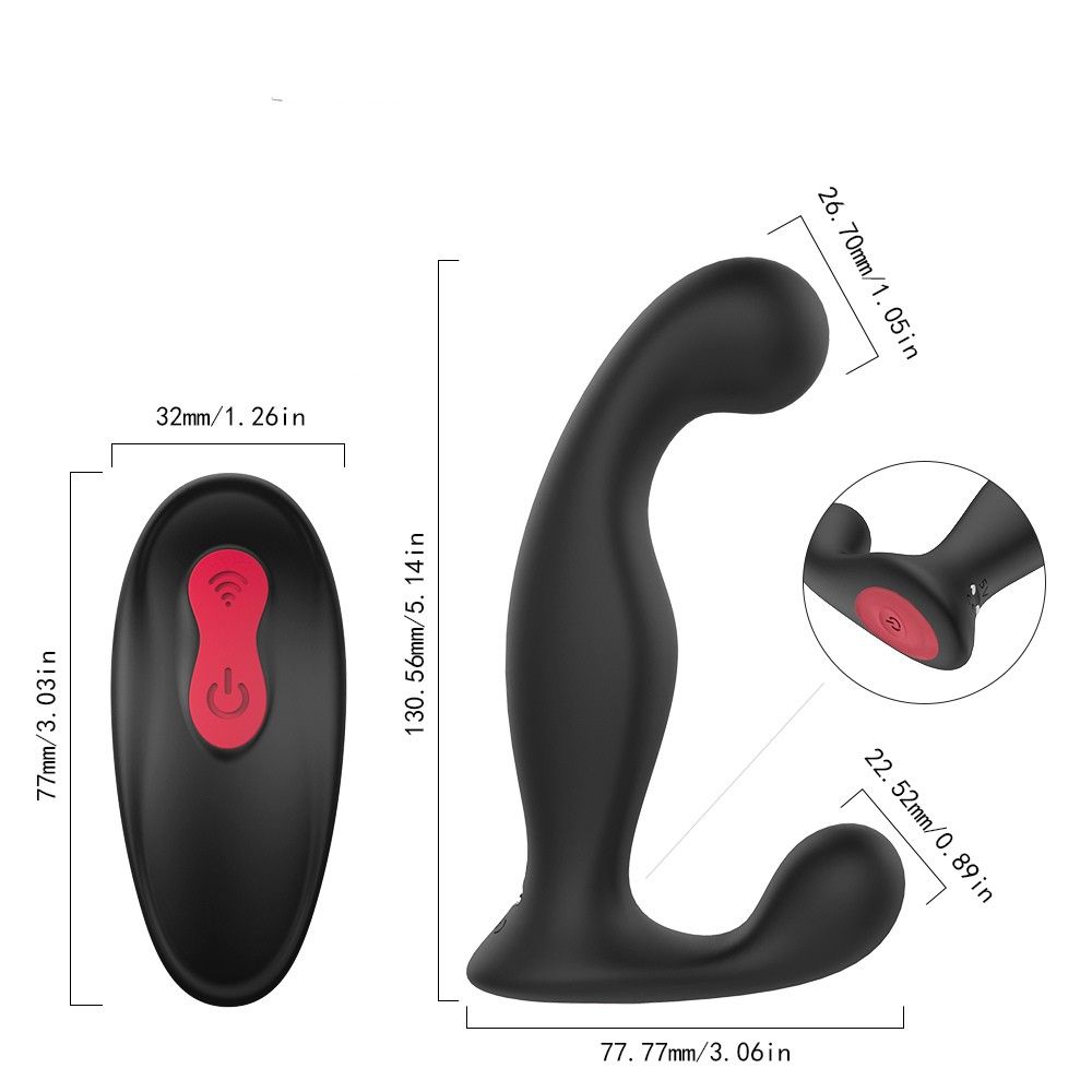 Schwarzer Vibrator mit Fernbedienung. Maße in Zoll angegeben. Detailansicht mit rotem Knopf.