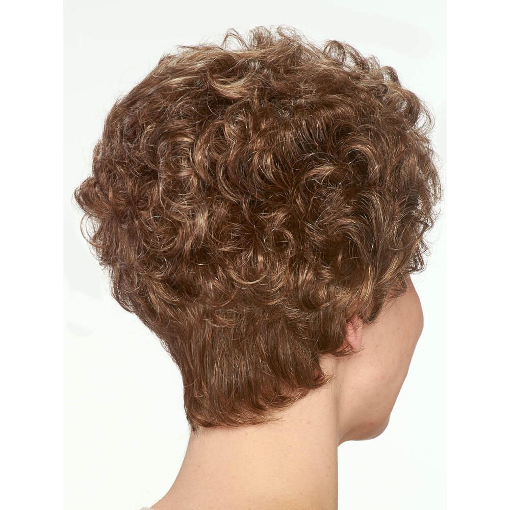 Perücke mit lockigem Haar, dunkelbraun. Seitenansicht von hinten.