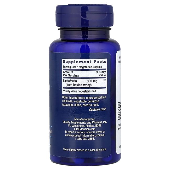 Rückseite der Life Extension Lactoferrin Kapseln 300 mg Flasche. Enthält Supplement Facts und Herstellerinformationen.