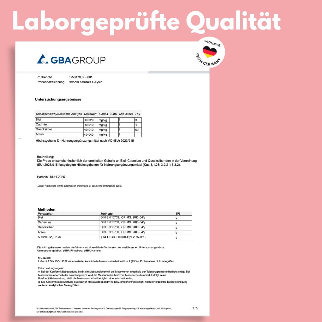 Laborbericht. Text: Laborgeprüfte Qualität. Logo: GBA GROUP. Siegel: Made with love from Germany.