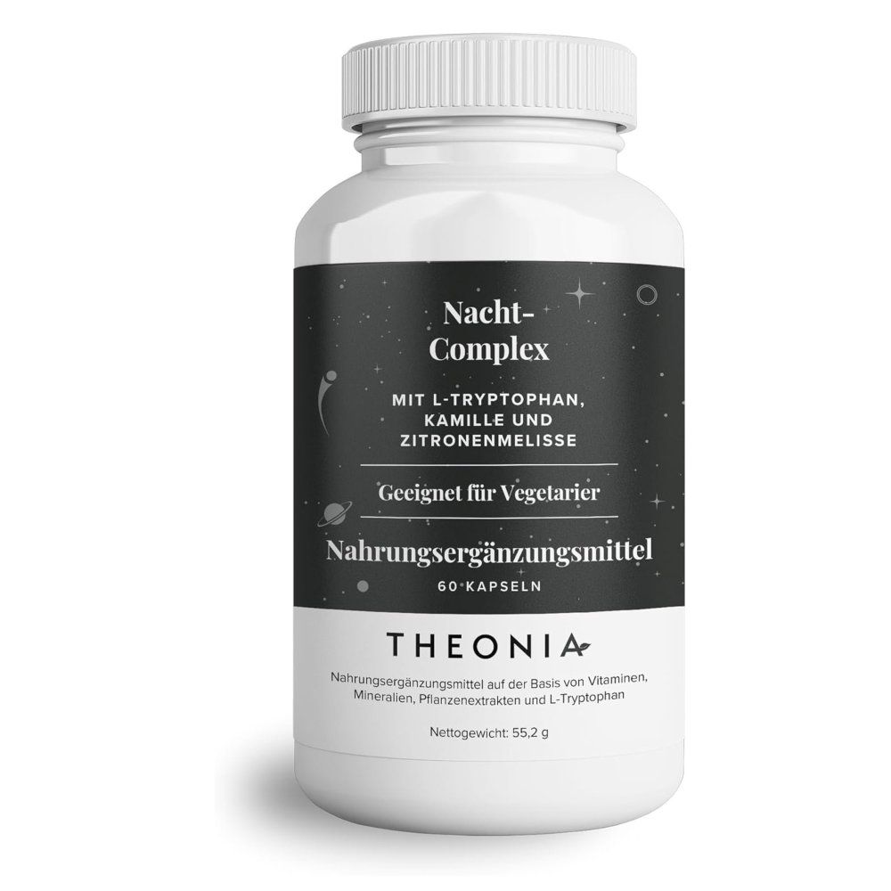 Weiße Flasche mit schwarzem Etikett. Text: Nacht-Complex, L-Tryptophan, Kamille, Zitronenmelisse, 60 Kapseln, Theonia.