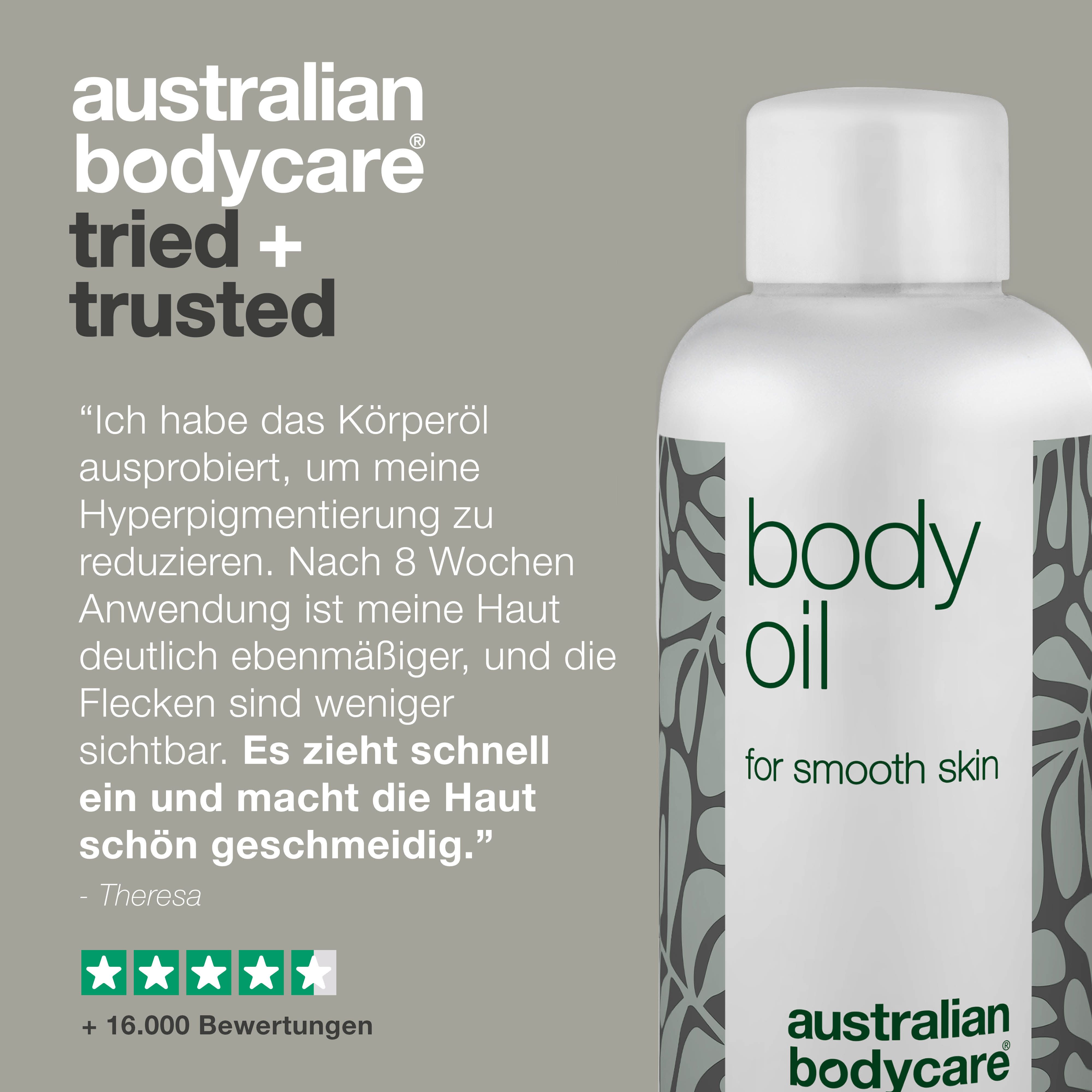 Flasche mit „body oil“. Text: Ich habe das Körperöl ausprobiert, meine Haut ist ebenmäßiger. Graues Design.