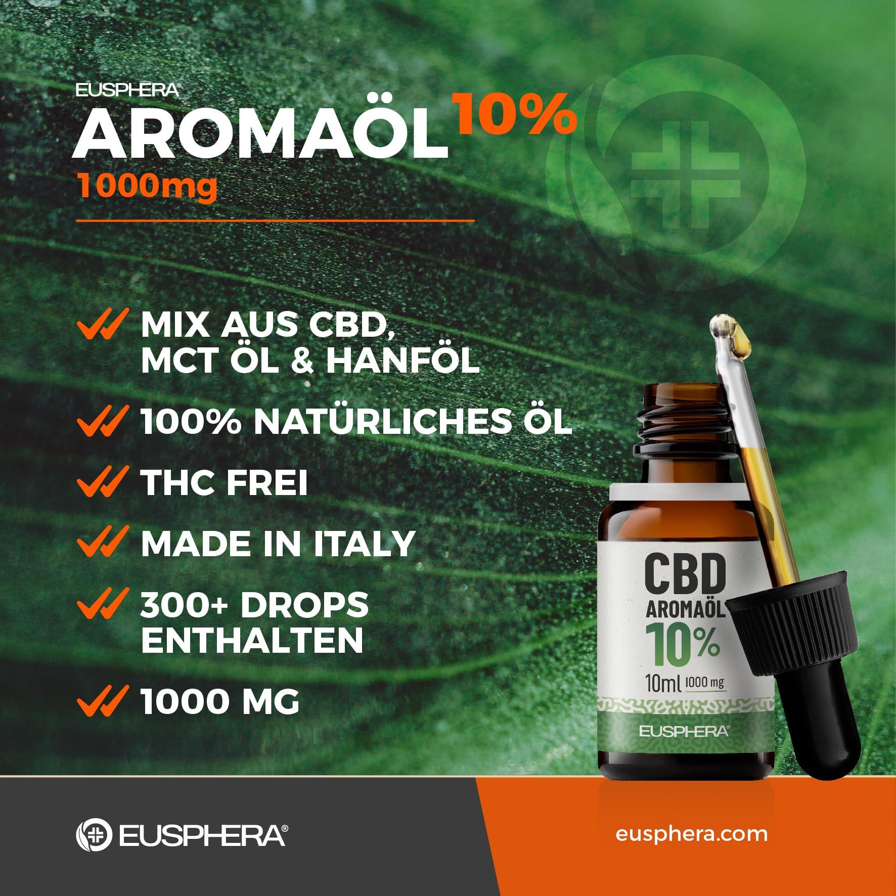 Flacone di vetro marrone con contagocce. Scritta: Aromaöl 10%, 1000mg. Diverse righe di testo e loghi.