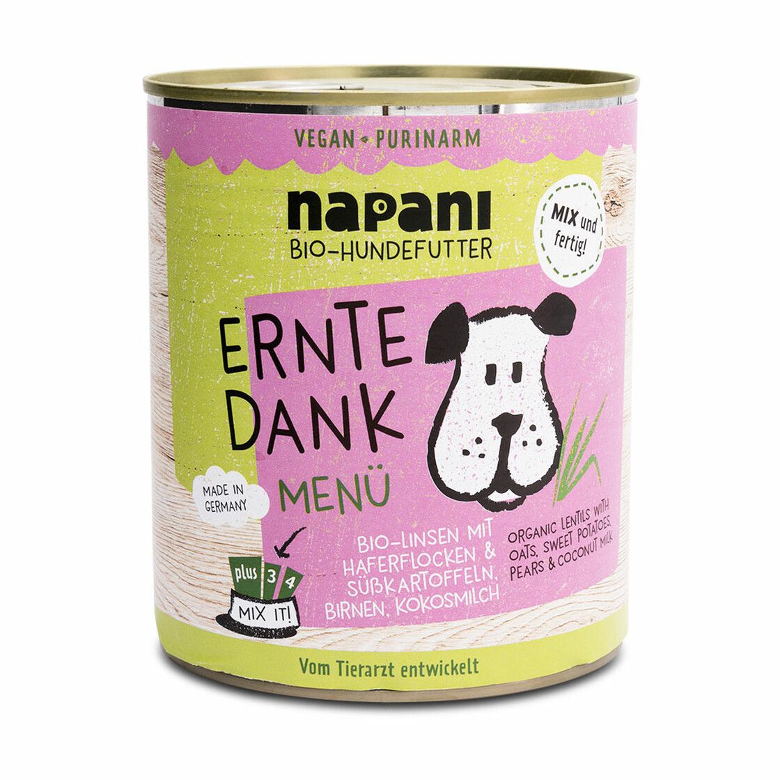 Hundefutter in einer Dose. Etikett mit Text: napani Bio-Hundefutter Ernte Dank Menü. Vegan, purinarm. Illustration eines Hundes.