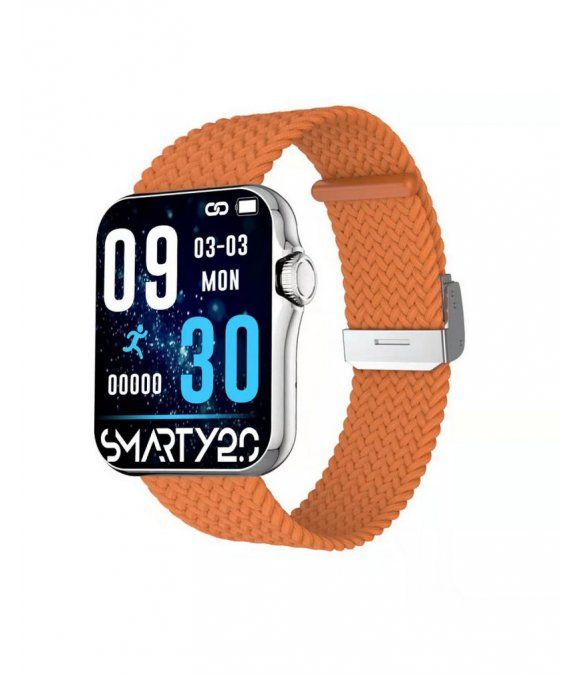 Smartwatch mit orangefarbenem Armband. Digitalanzeige mit Uhrzeit, Datum und Aktivitätsdaten. Silbernes Gehäuse, Text: Smarty2.0.