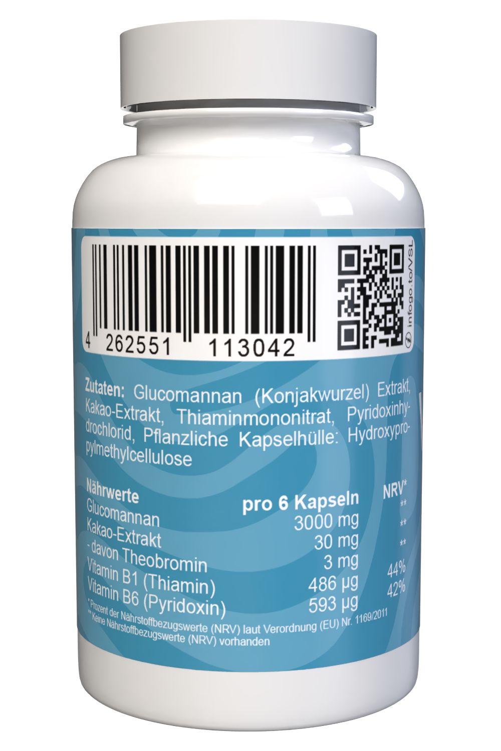 Rückseite einer weißen Kapsel-Flasche mit Nährwertangaben und Barcode.