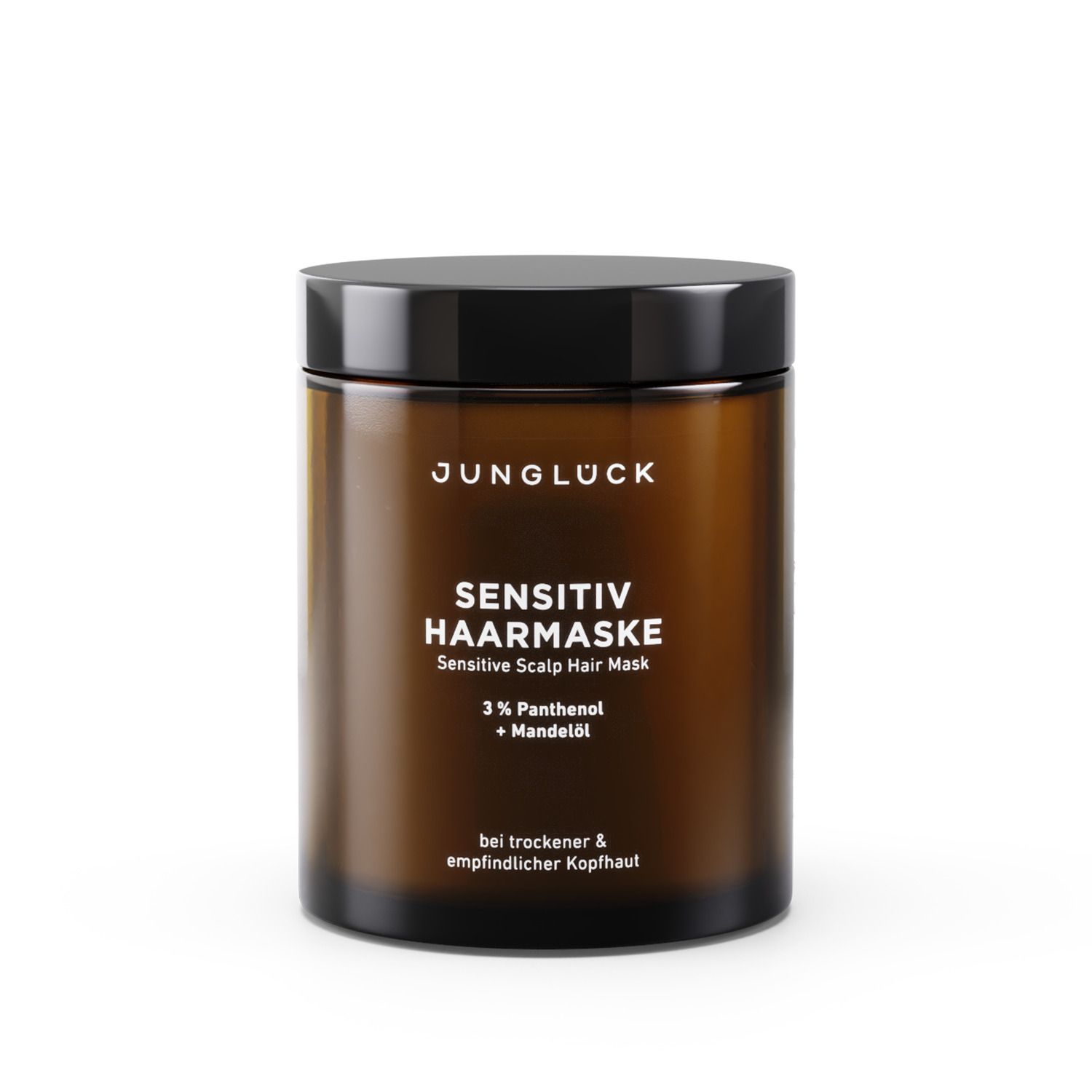 Braune Dose mit schwarzem Deckel. Aufschrift: JUNGLÜCK, SENSITIV HAARMASKE, 3% Panthenol + Mandelöl. Für trockene & empfindliche Kopfhaut.