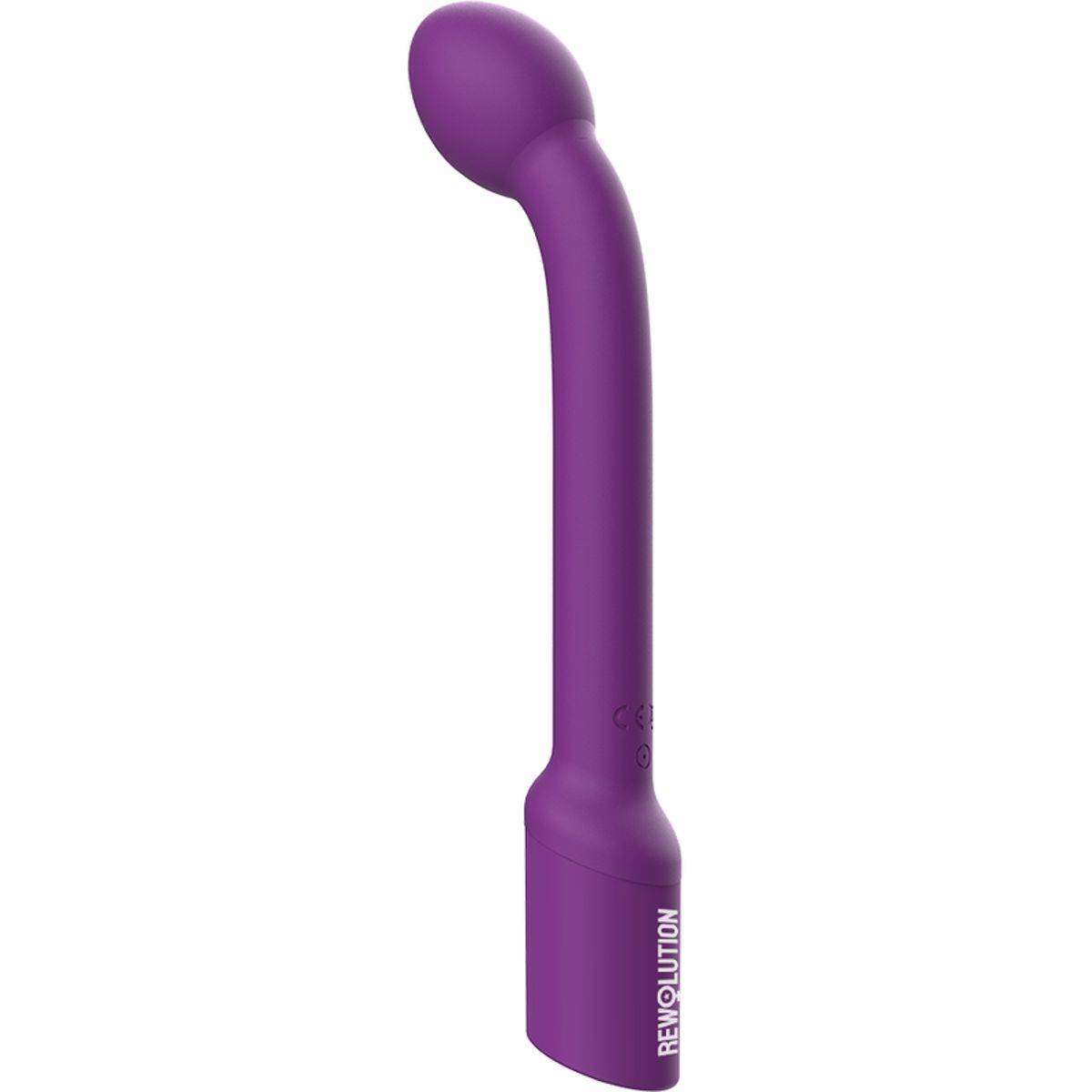 Lila Vibrator mit gebogener Form. Text: Rewolution.