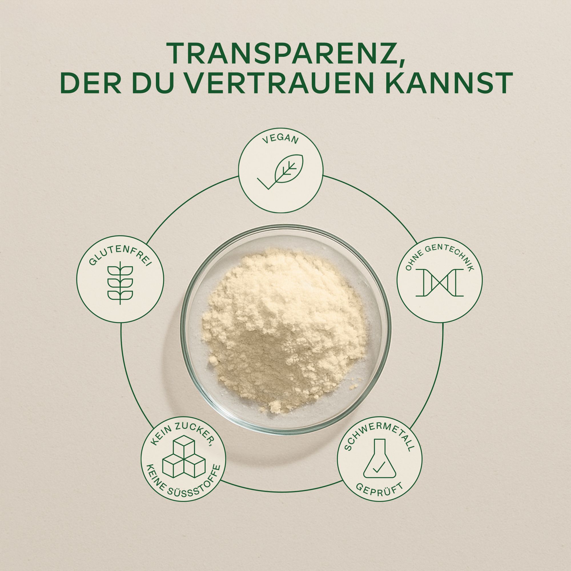 Inhaltsstoffe von Aavalabs Vegan Protein Powder. Vegan, glutenfrei, ohne Zucker, ohne Gentechnik, getestet.