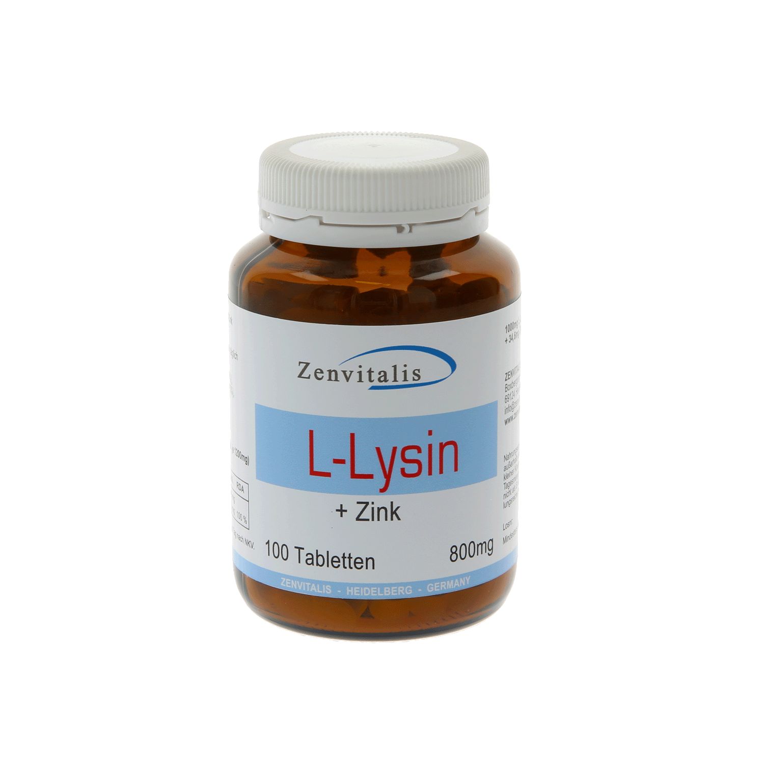 Braune Tablettenflasche mit weißem Deckel. Etikett mit "L-Lysin + Zink" und "100 Tabletten".