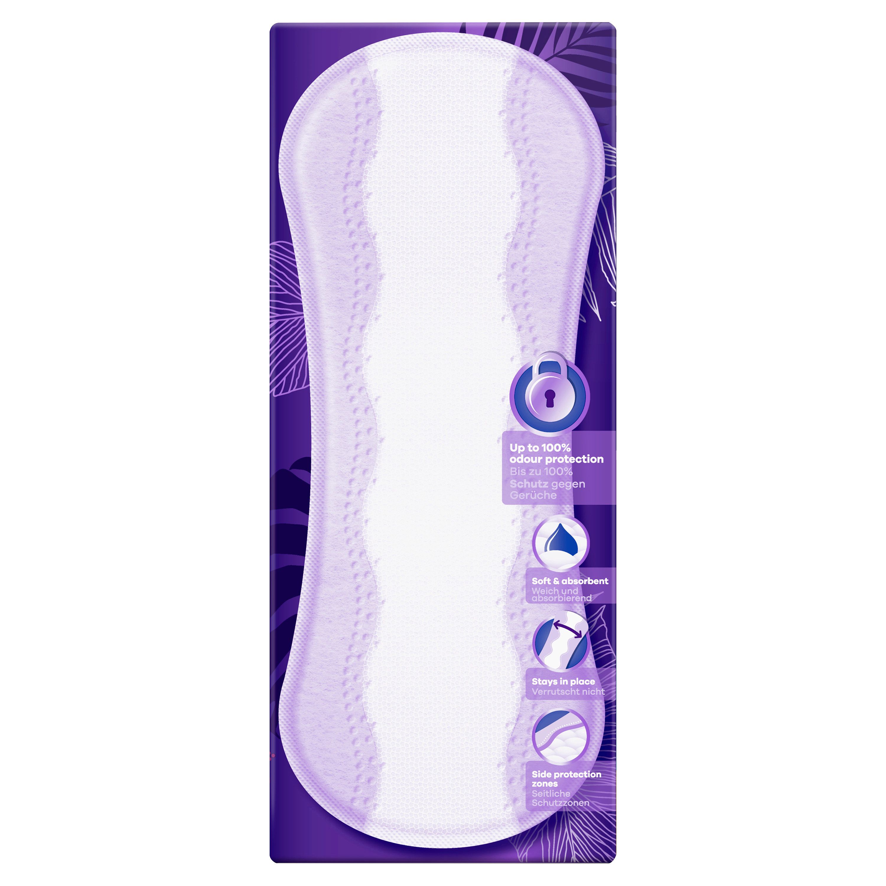 Always Slipeinlage, länglich, weiß mit blauen Akzenten. Aufschrift: Up to 100% odour protection.