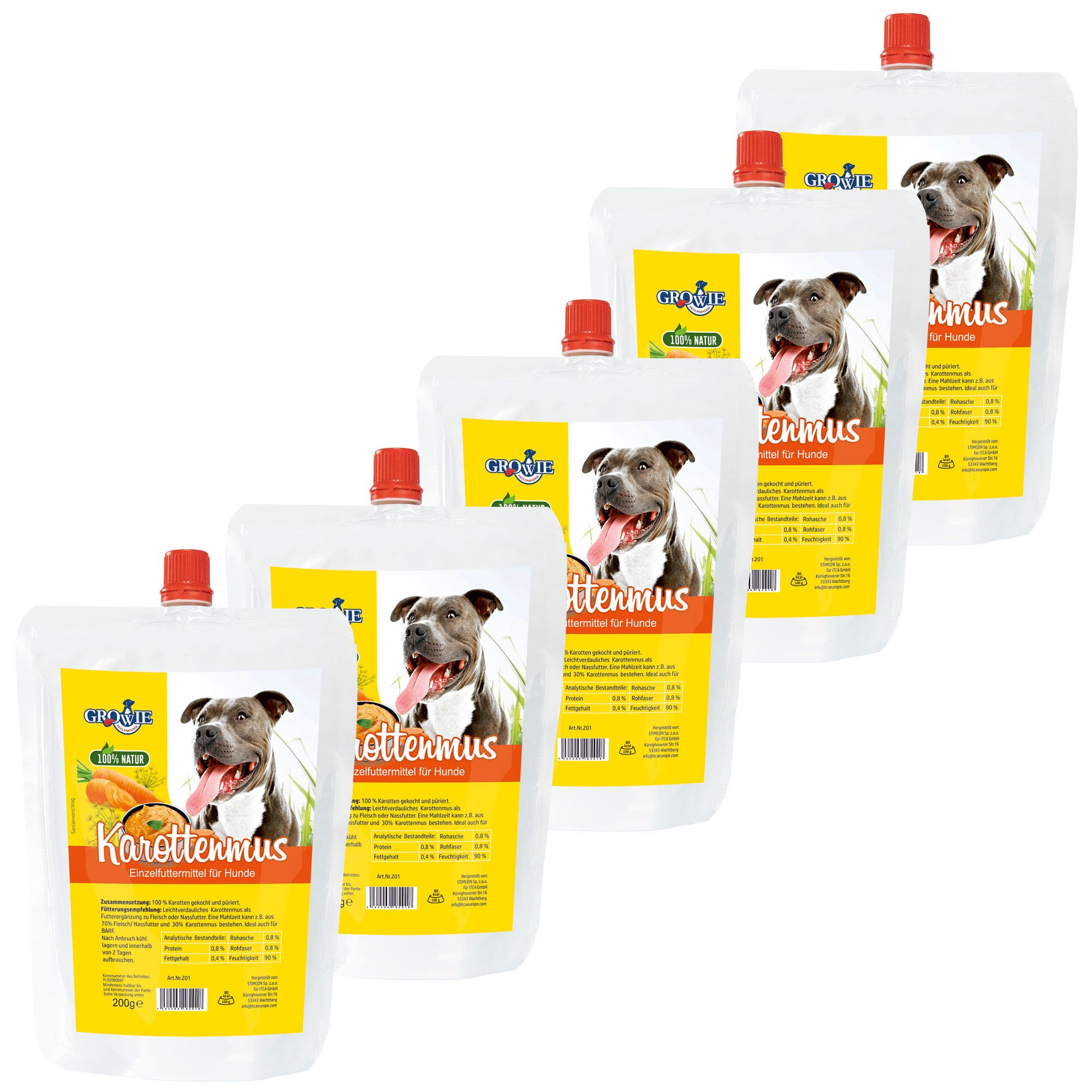 Mehrere Beutel mit Karottenmus für Hunde. Aufdruck mit Hundefoto und Produktinformationen. Roter Verschluss.