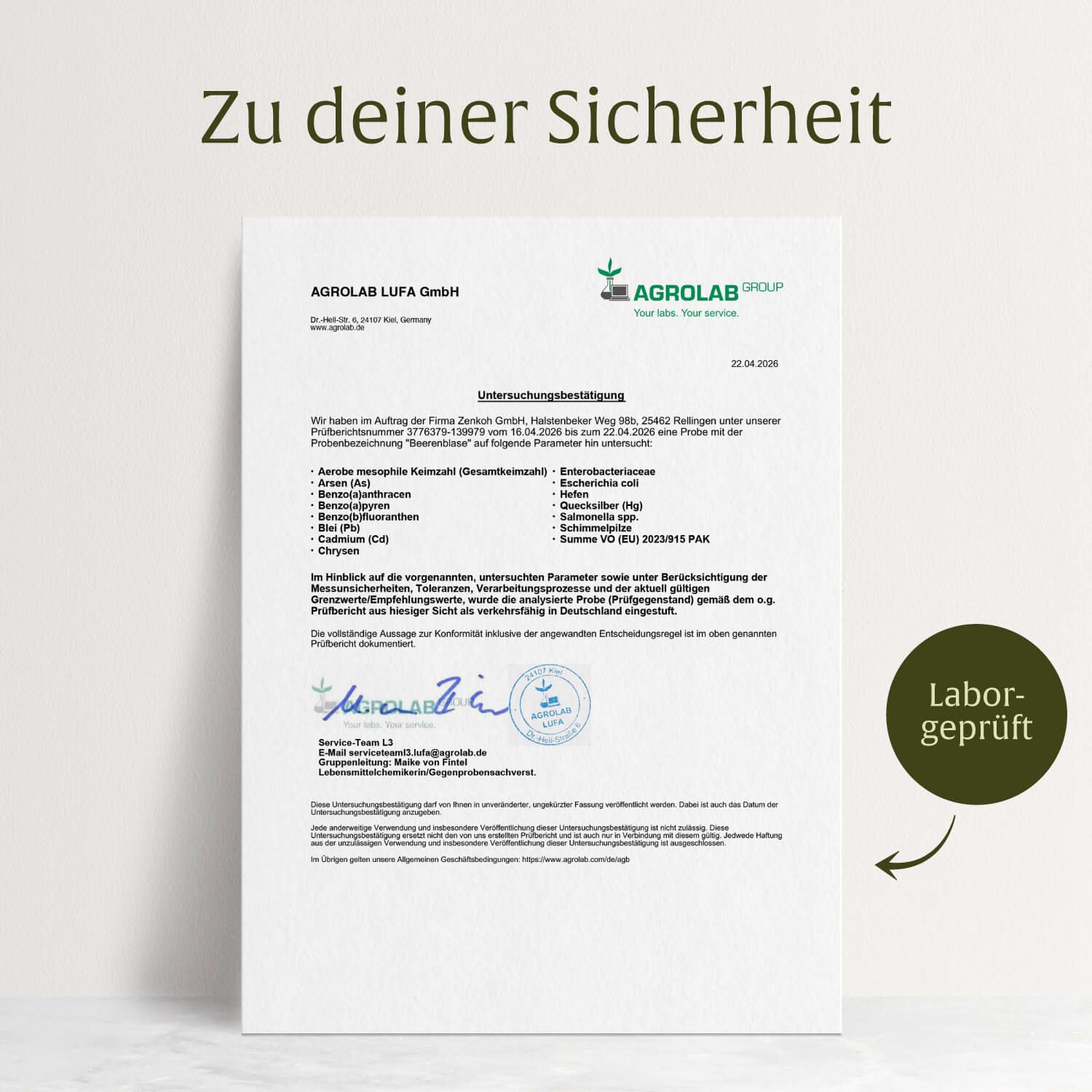 Laborprüfbericht für NATURTREU® mit AGROLAB GROUP Siegel.