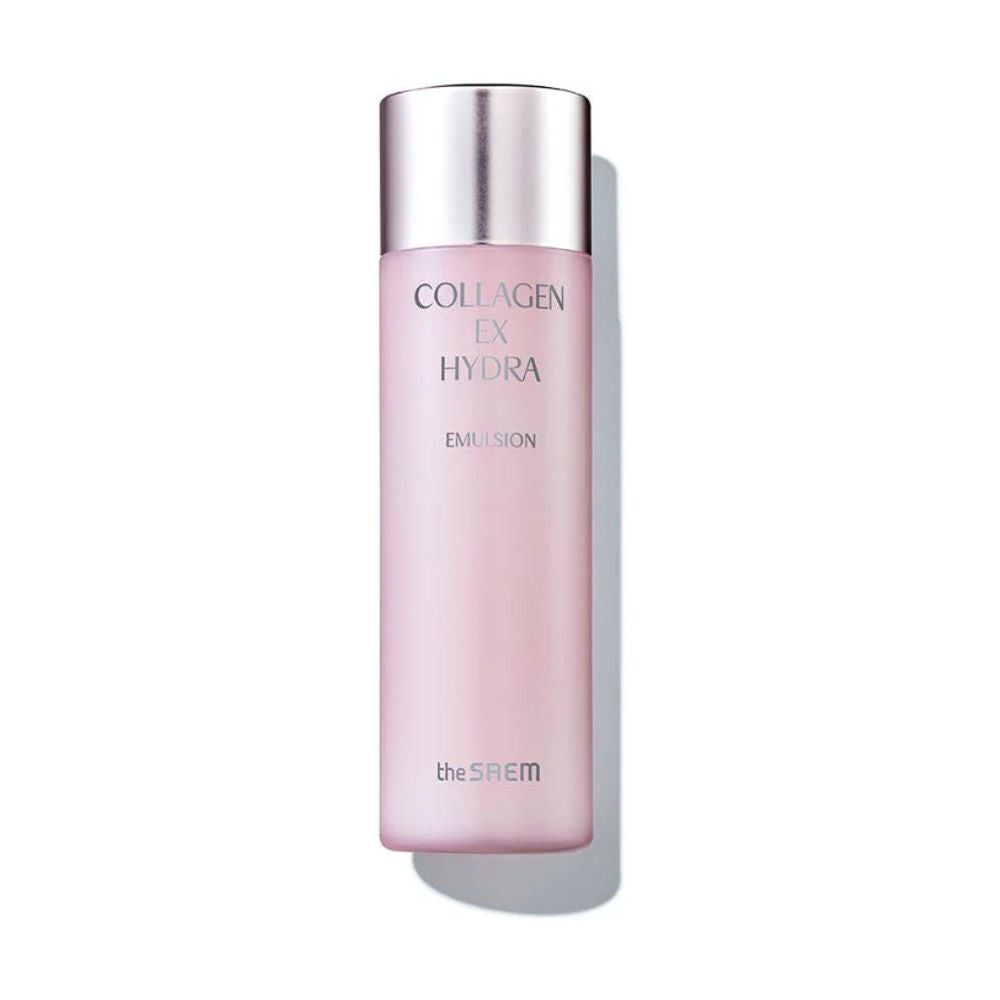 Rosa Flasche mit silbernem Deckel. Aufschrift: Collagen EX Hydra Emulsion. Marke: the SAEM.