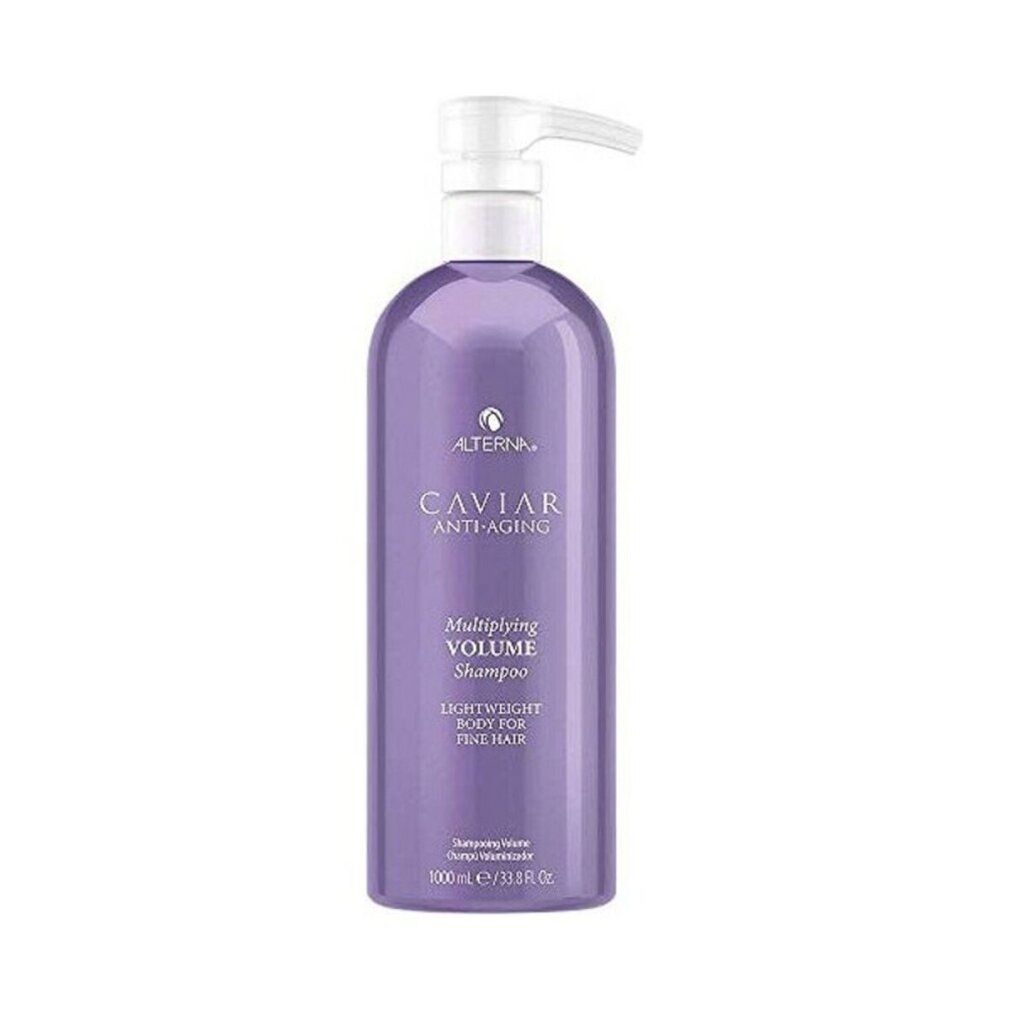 Lila Shampoo-Flasche mit Pumpe. Aufschrift: Alterna Caviar Anti-Aging, Multiplying Volume Shampoo, für feines Haar.