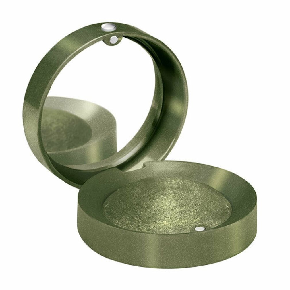 Runder, grüner Lidschatten-Behälter mit Spiegel. Offen, Lidschatten sichtbar. Kleiner, runder Behälter mit Spiegel.