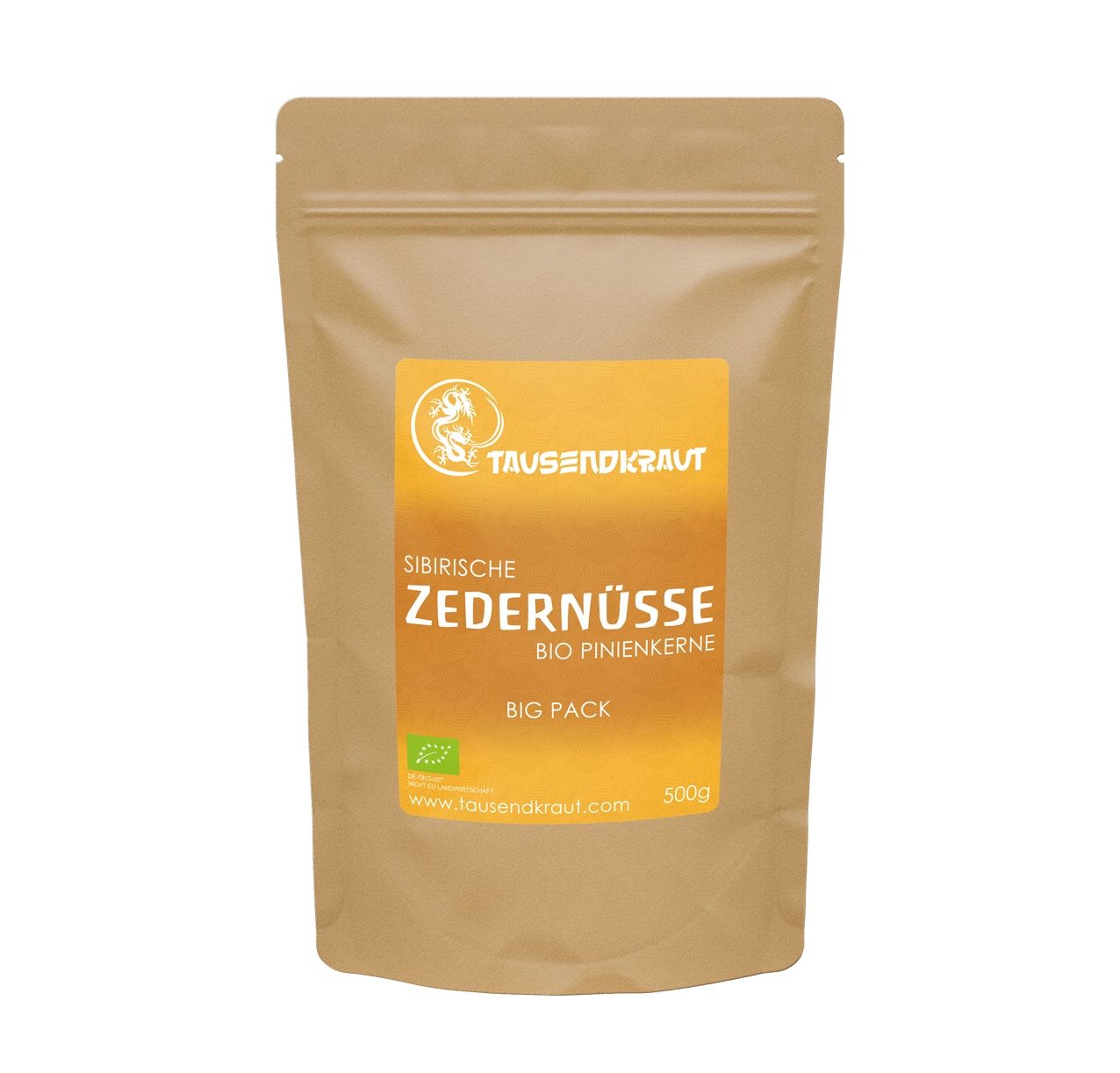 Beutel mit Aufschrift Tausendkraut, sibirische Zedernüsse BIO, Big Pack, 500g. Siegel mit Bio-Logo.