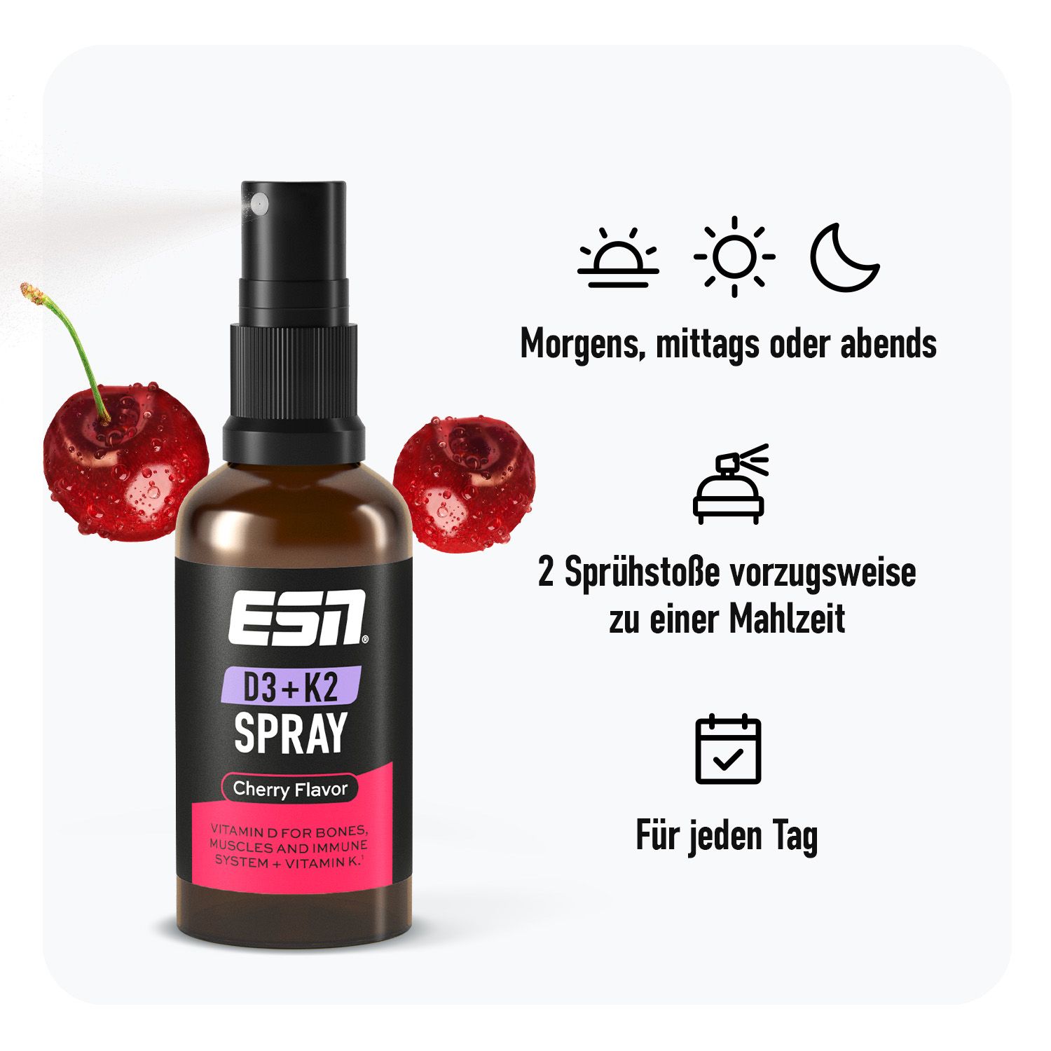 Vitamin D3+K2 Spray - hochdosiert und ergiebig – für mehr als 3 Monate versorgt - Geschmack: Kirsche