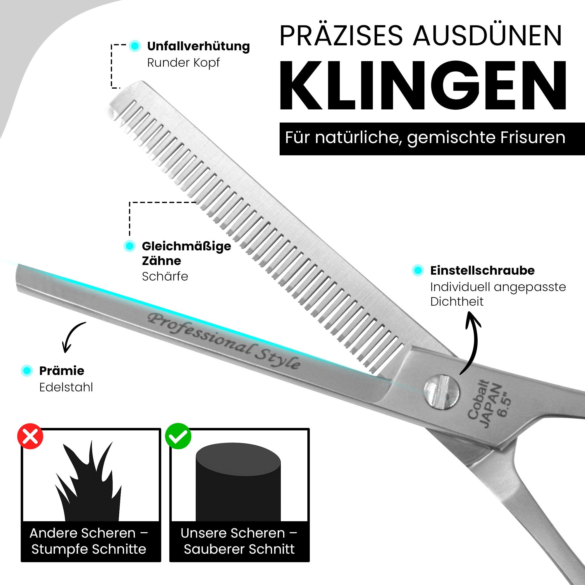 Effilierschere aus Edelstahl. Zähne an einer Klinge. Text: Professional Style, Cobalt Japan 6.5. Präzises Ausdünnen.