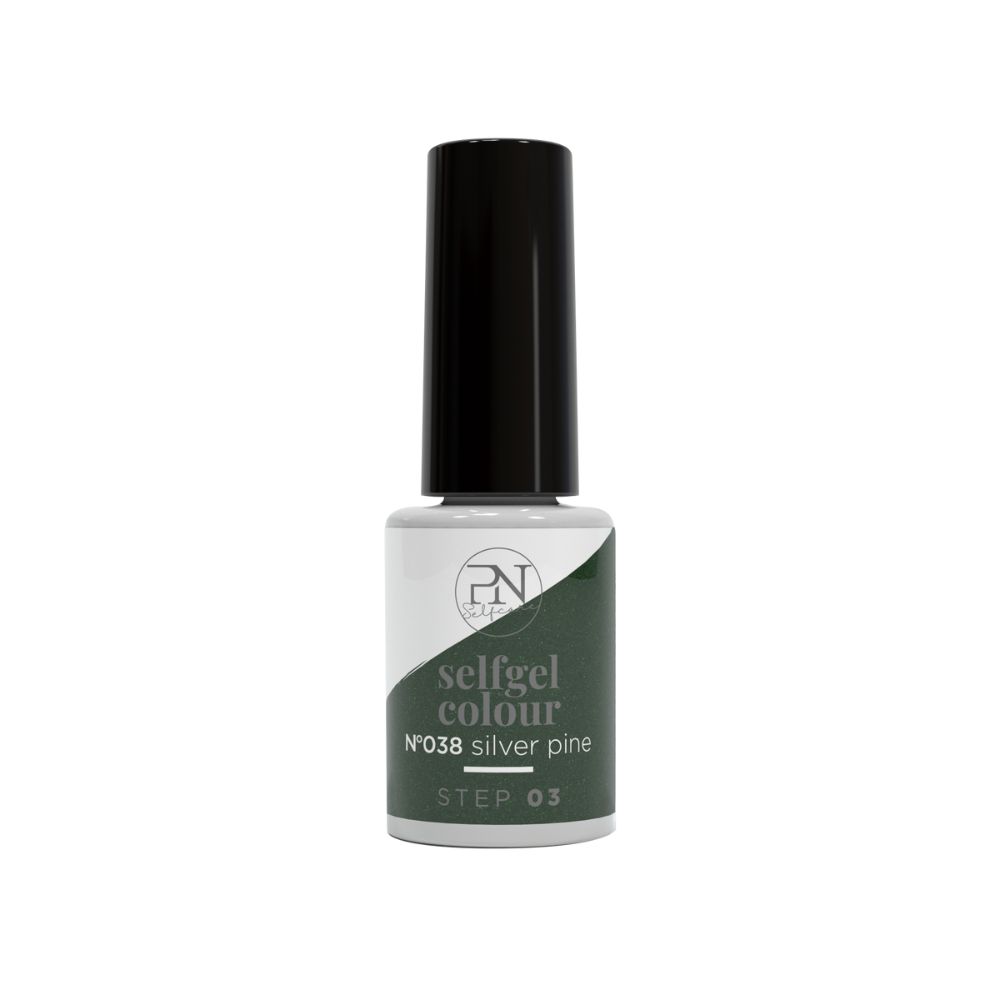 Flasche PN SelfGel Vernis Semi-Permanent, N38 Silver Pine. Schwarzer Deckel, weiß-grüne Flasche. Aufschrift: selfgel colour, N°38 silver pine, STEP 03.