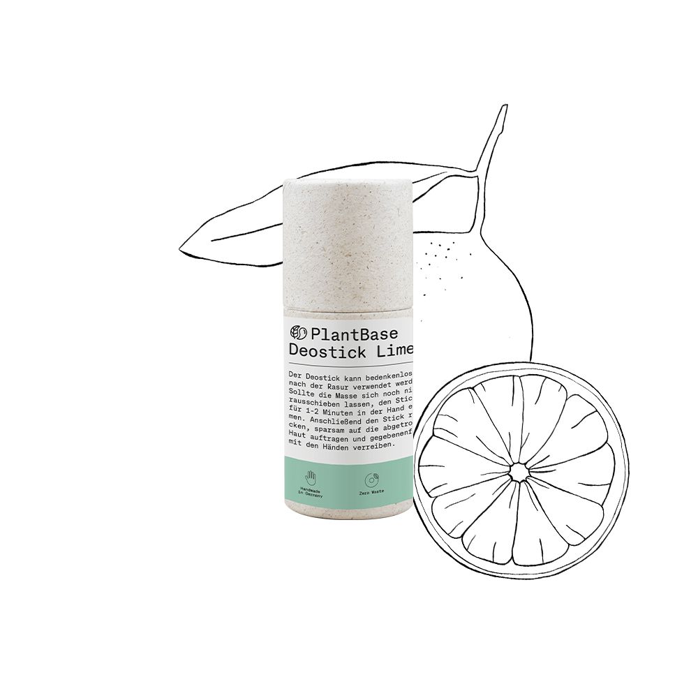Deostick mit Limetten-Illustration. Aufschrift: PlantBase Deostick Limette. Zylindrische Verpackung.