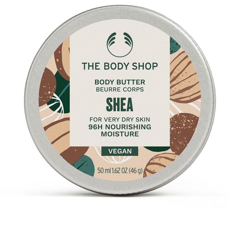Runde Dose mit Aufschrift "The Body Shop Body Butter Shea". Text: "For very dry skin 96H nourishing moisture". Vegan.