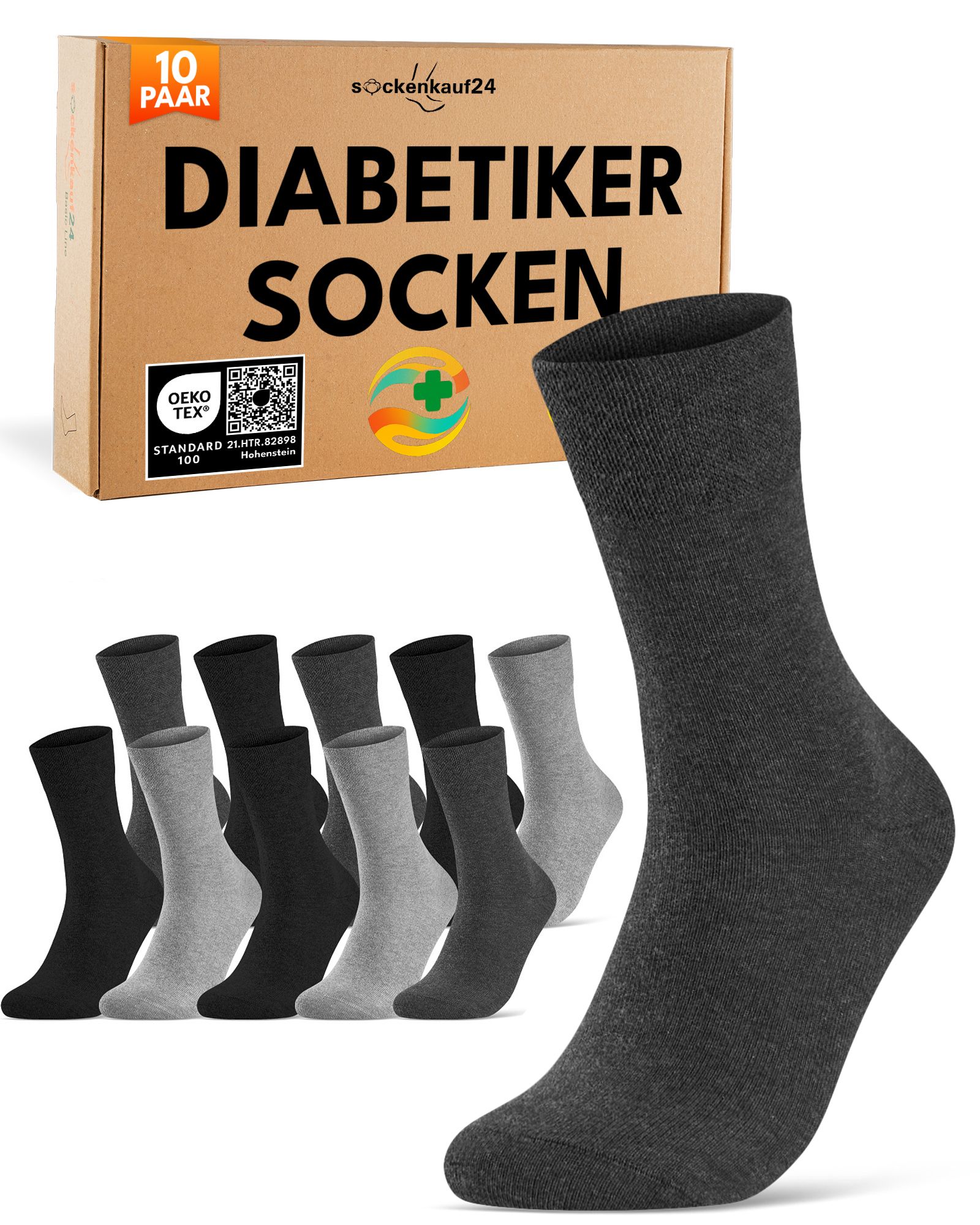 10 Paar Diabetiker Socken in verschiedenen Farben, mit Komfortbund und ohne Naht.