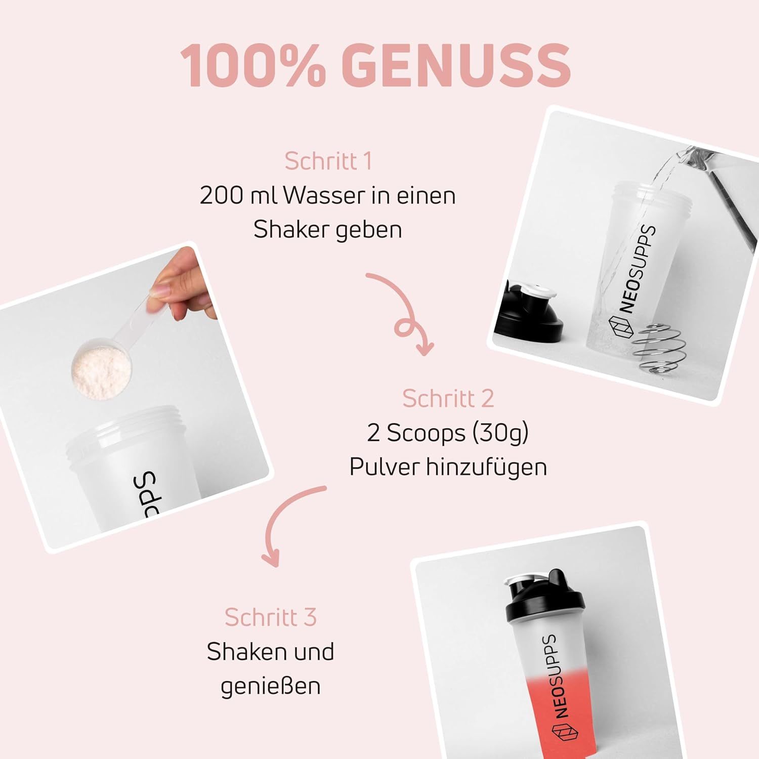 Drei Schritte zur Zubereitung. Shaker mit Pulver und Wasser. Aufschrift: NEOSUPPS. Erdbeer-Banane.