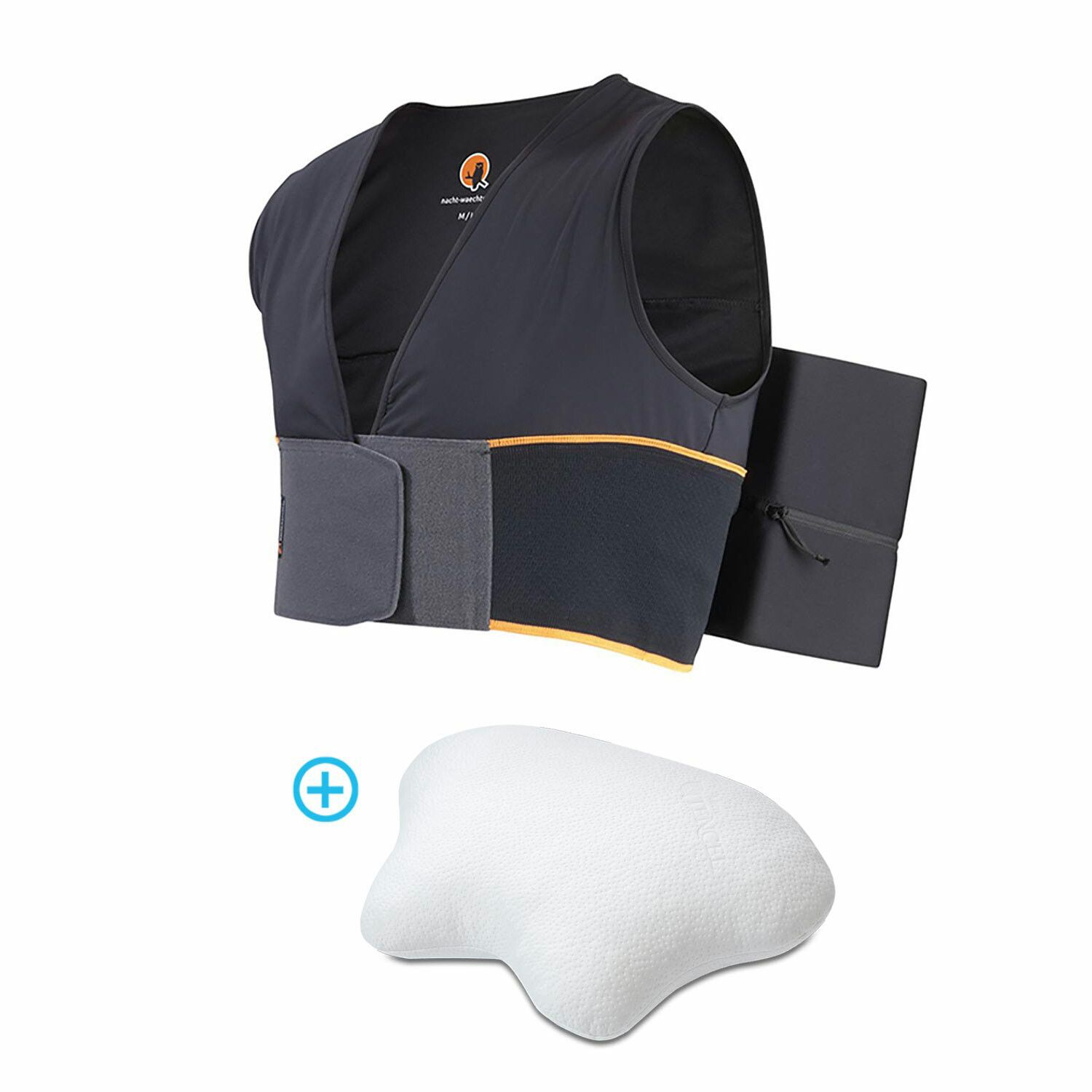 Schlafweste, schwarz mit gelben Akzenten, und Seitenschläfer-Kissen, weiß. Weste mit Taschen und Klettverschluss. Kissen in Tropfenform.