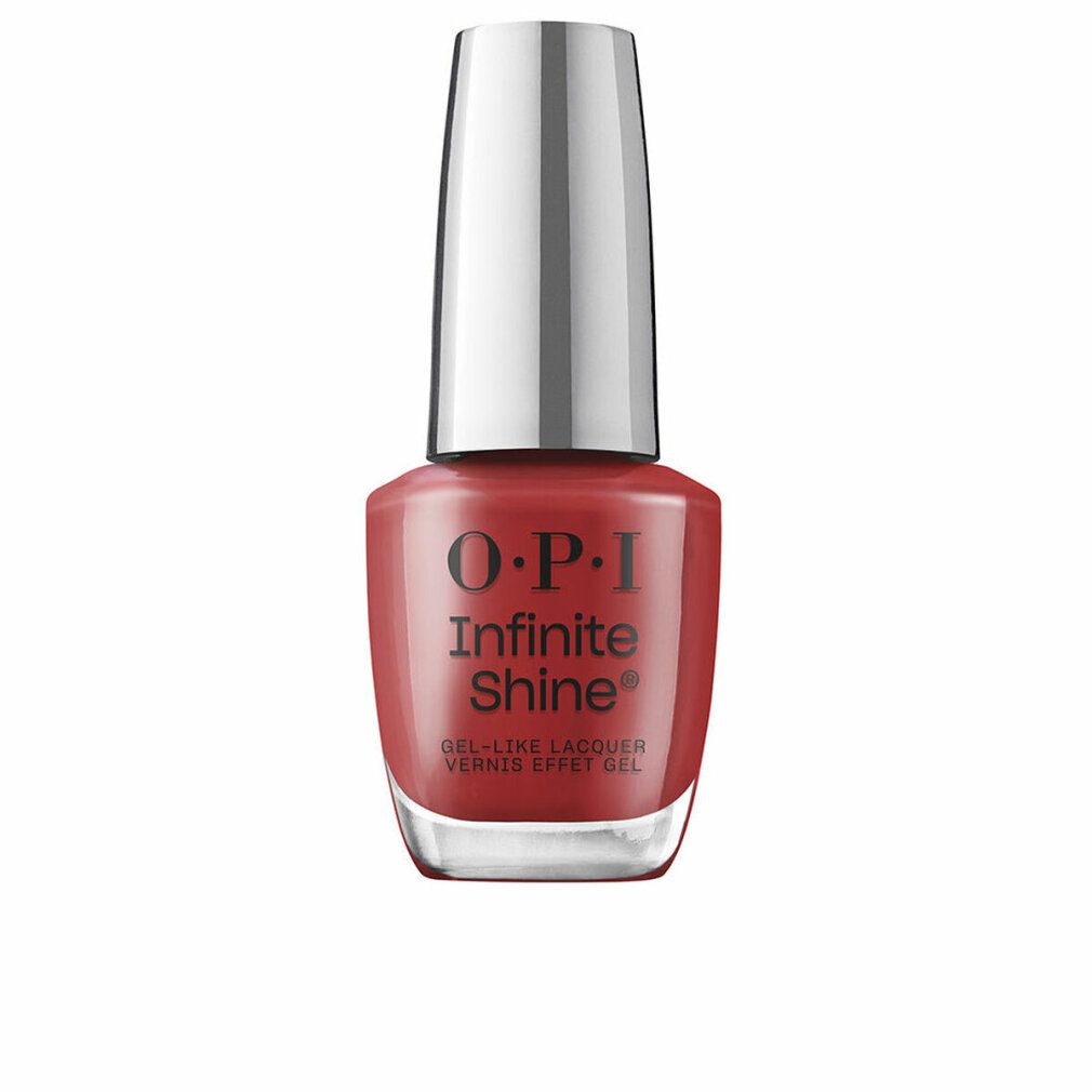 OPI Infinite Shine Nagellack in einem roten Farbton mit silbernem Deckel.