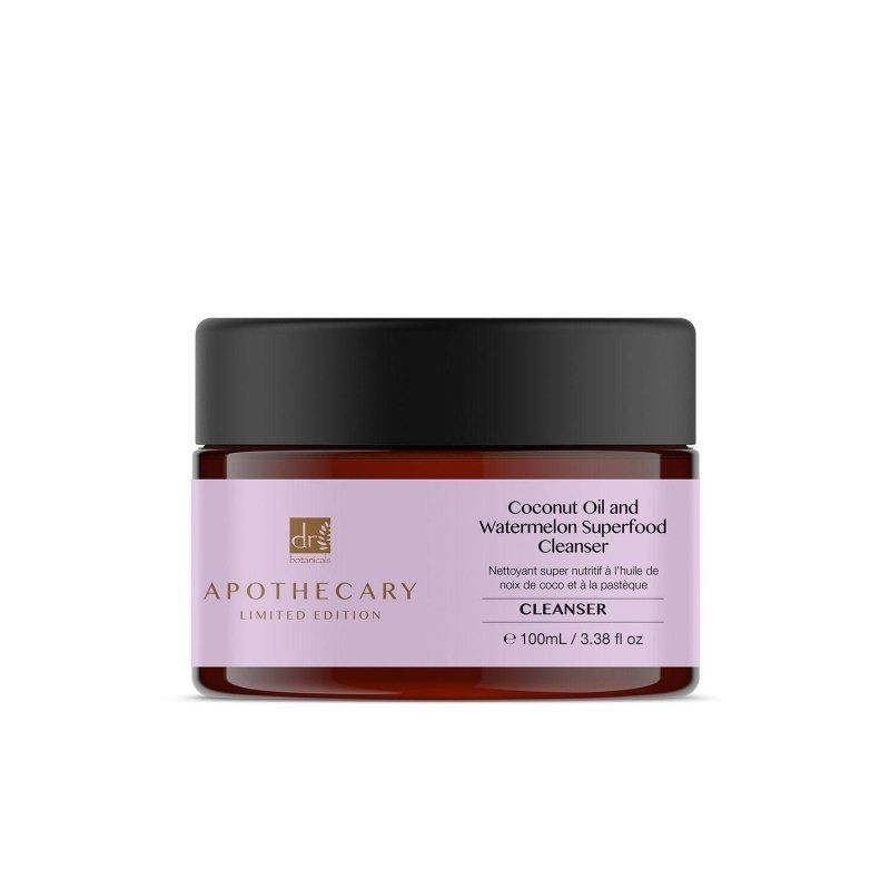 Dr. Botanicals Coconut and Watermelon Superfood Cleanser in einem braunen Glasbehälter.