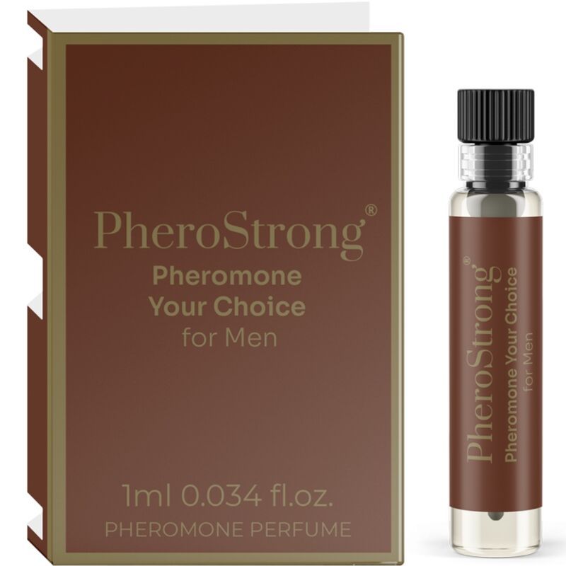 Braune Schachtel und Flakon. Aufschrift: PheroStrong Pheromone Your Choice für Männer. 1ml 0.034 fl.oz. Pheromone Perfume.