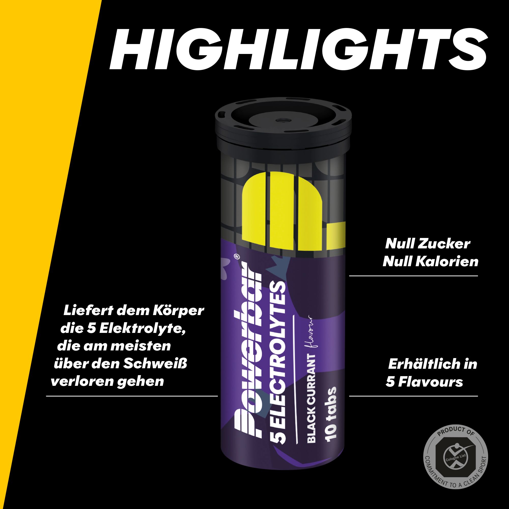 Powerbar-Tube mit 5 Elektrolyten, schwarze Johannisbeere. 10 Tabletten. Produktinformationen.