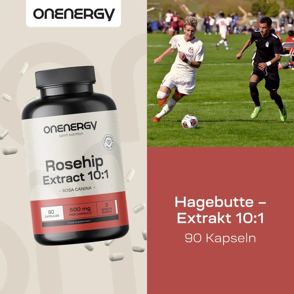 OnEnergy Hagebutte Extrakt 10:1, 90 Kapseln, neben Fußballspielern.