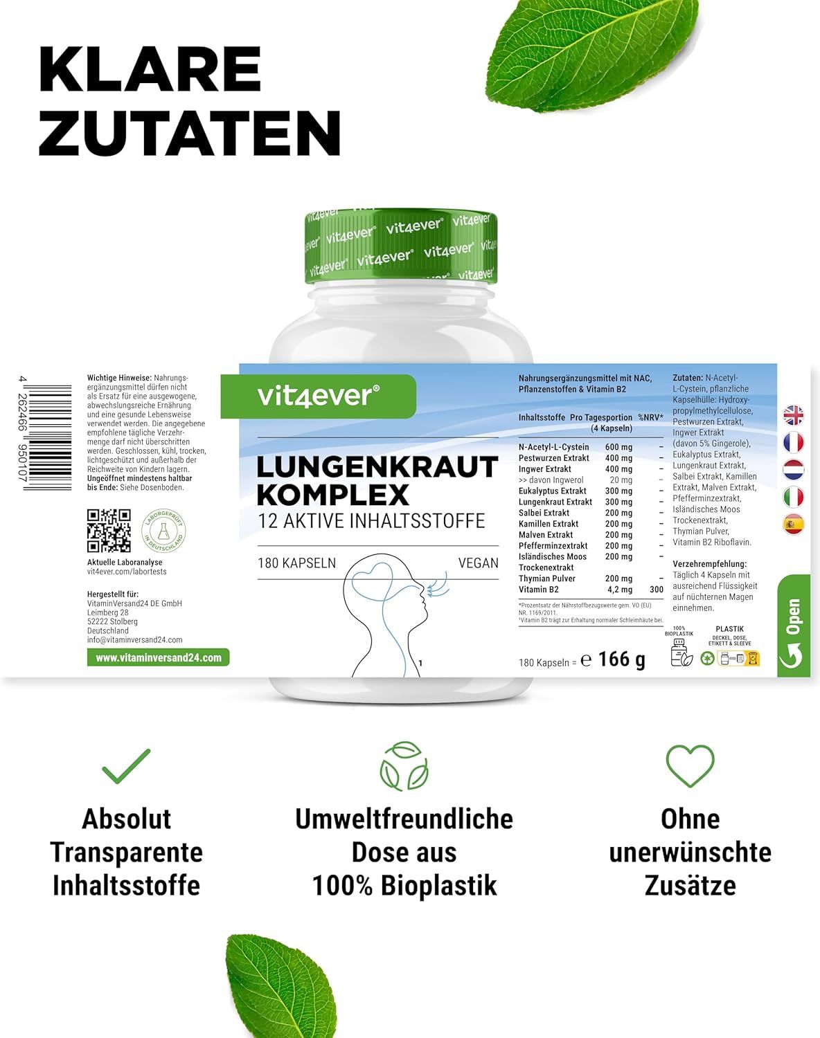 Produktflasche mit Etikett. Aufschrift: vit4ever Lungenkraut Komplex, 12 aktive Inhaltsstoffe, 180 Kapseln, vegan. Enthält Inhaltsstoffliste.